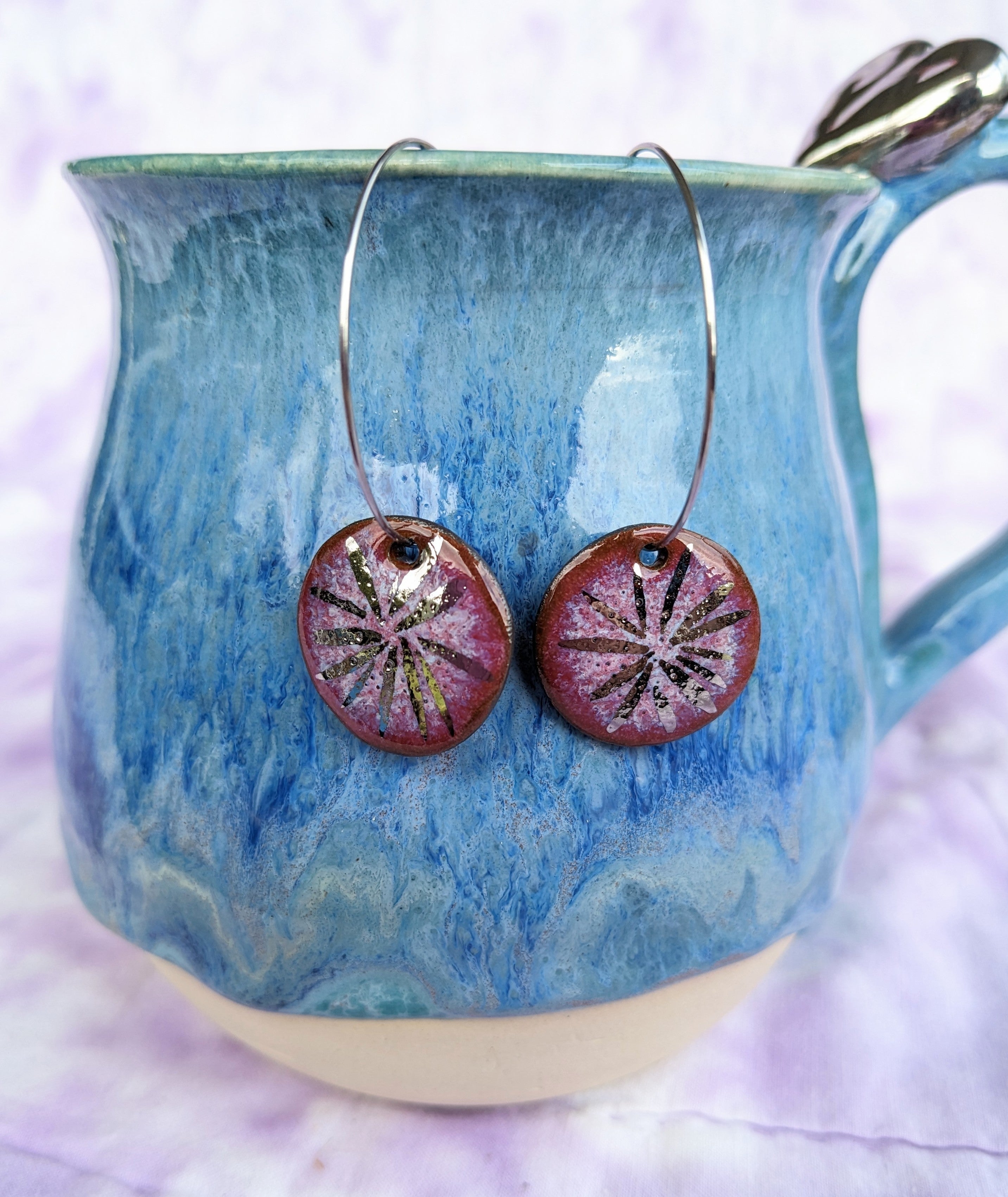 Raspberry Shine Ceramic Earrings. Lightweight, dangle, hoop earrings.
