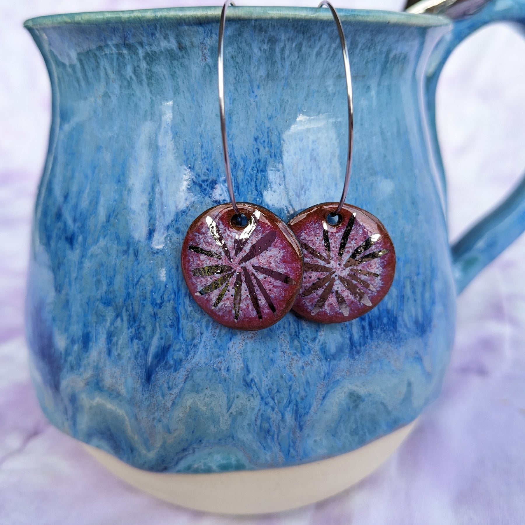 Raspberry Shine Ceramic Earrings. Lightweight, dangle, hoop earrings.