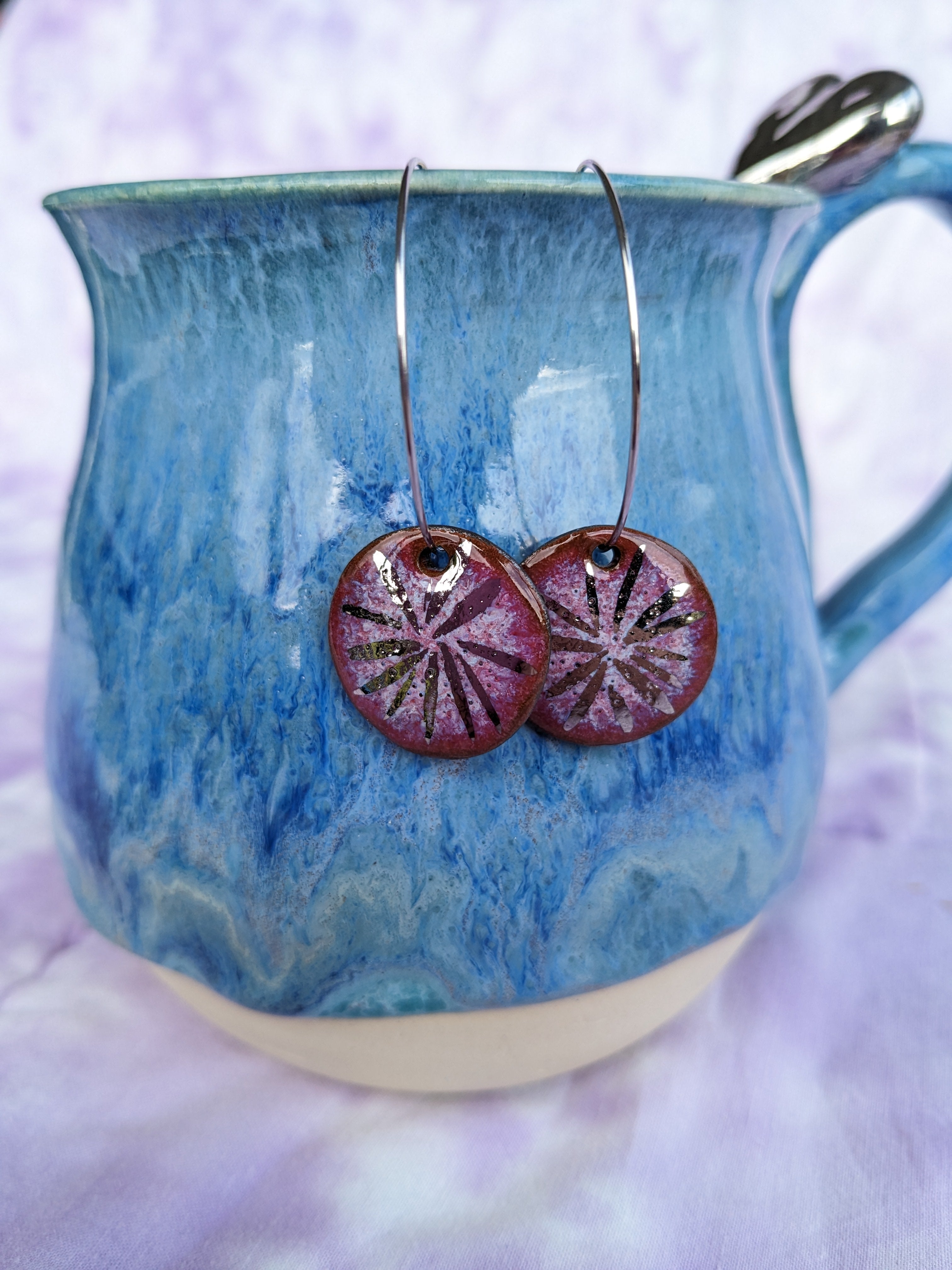 Raspberry Shine Ceramic Earrings. Lightweight, dangle, hoop earrings.