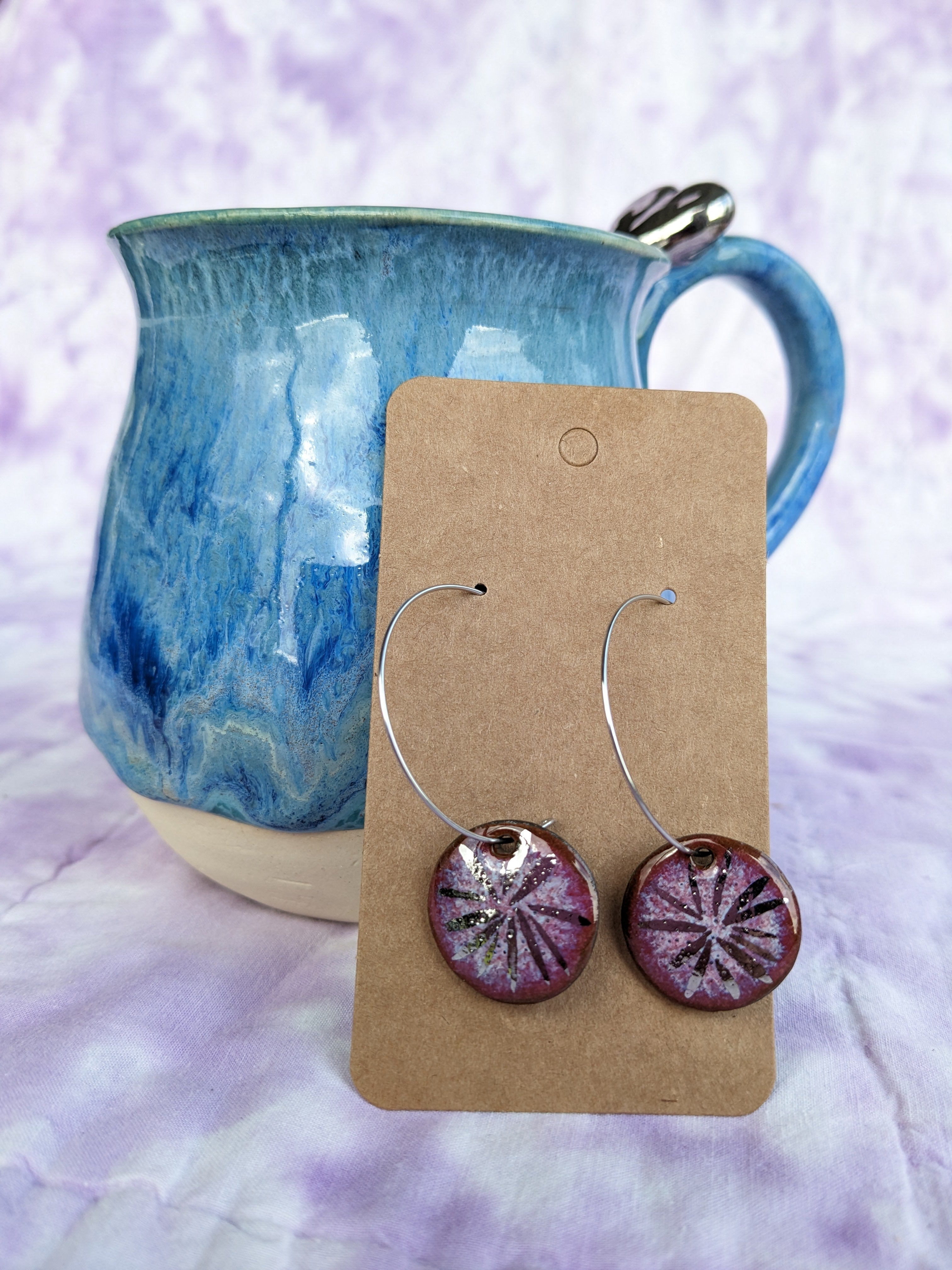 Raspberry Shine Ceramic Earrings. Lightweight, dangle, hoop earrings.