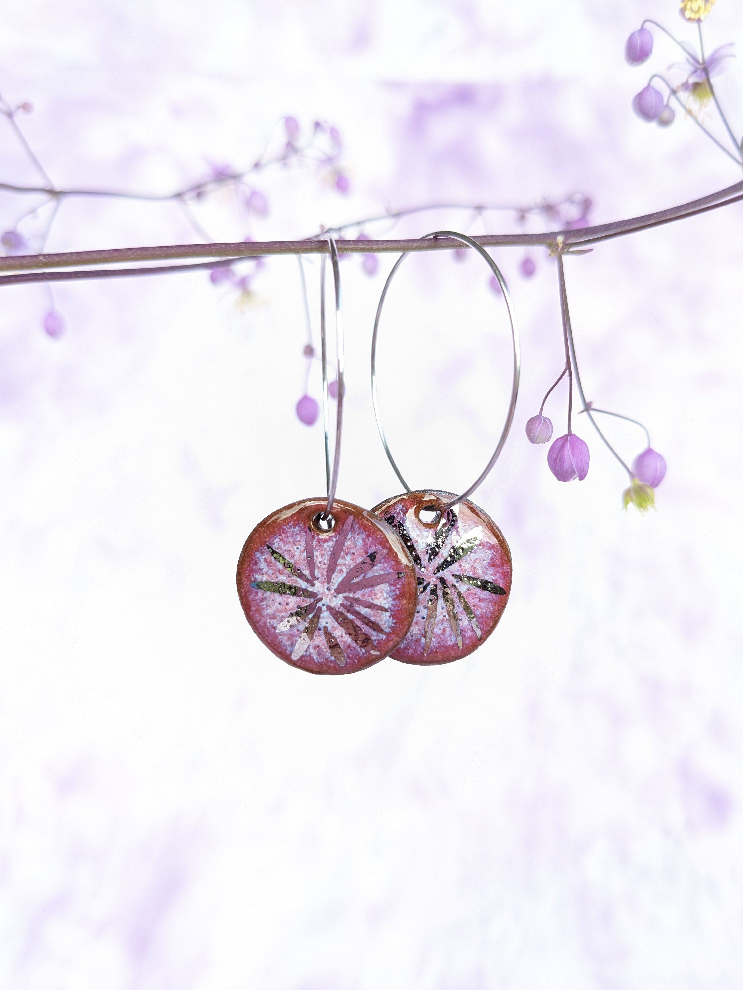 Raspberry Shine Ceramic Earrings. Lightweight, dangle, hoop earrings.