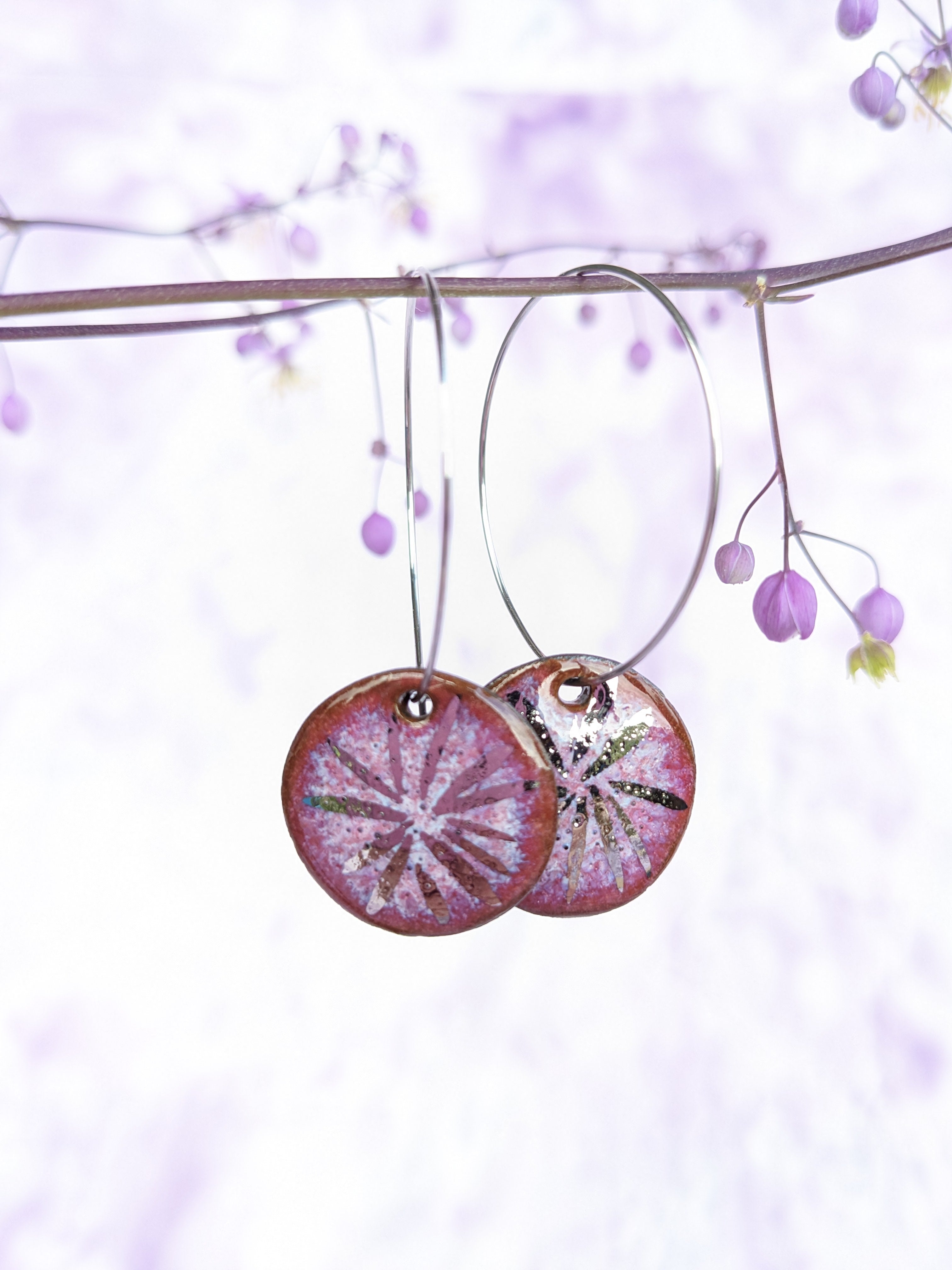 Raspberry Shine Ceramic Earrings. Lightweight, dangle, hoop earrings.