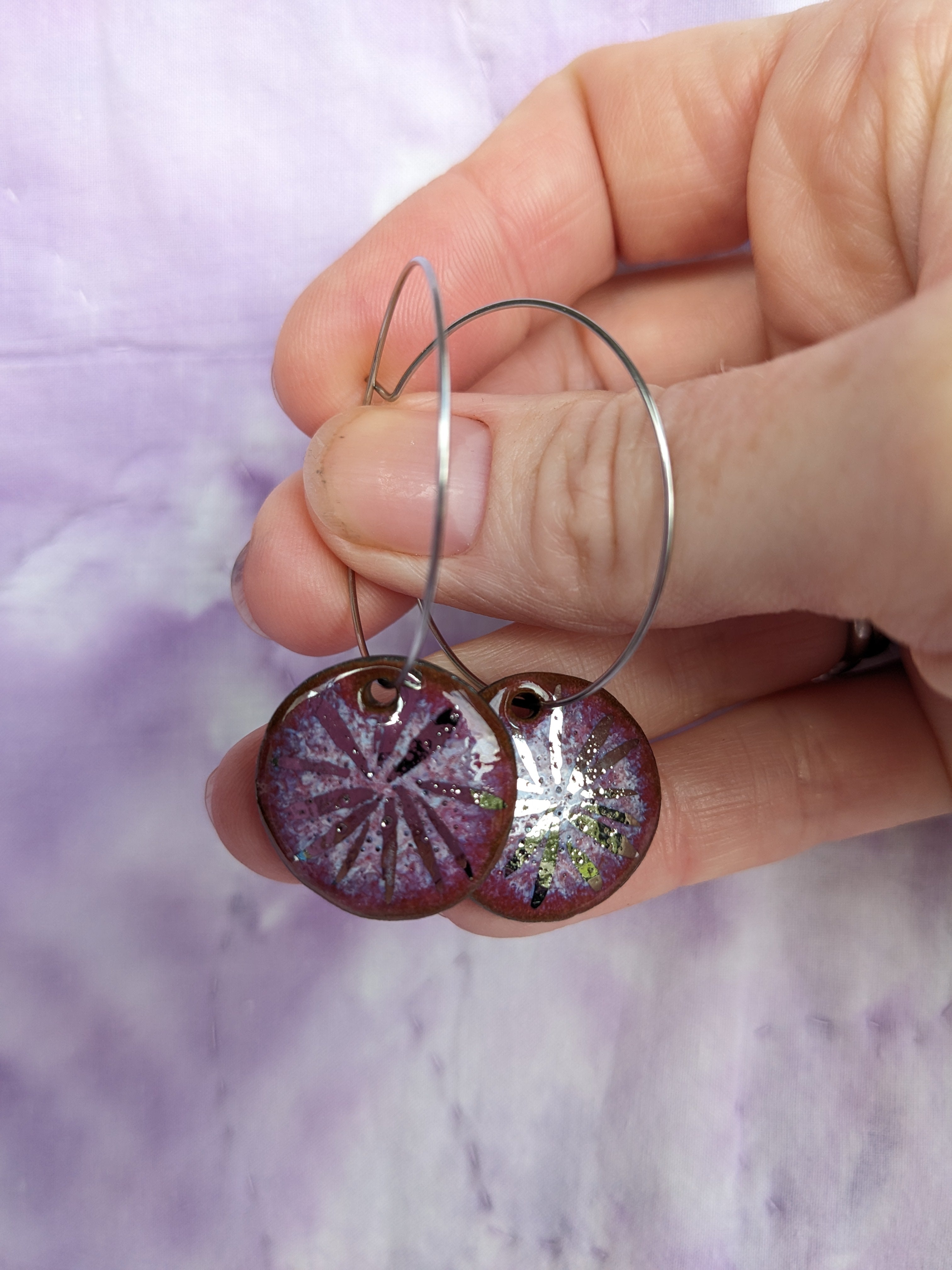 Raspberry Shine Ceramic Earrings. Lightweight, dangle, hoop earrings.