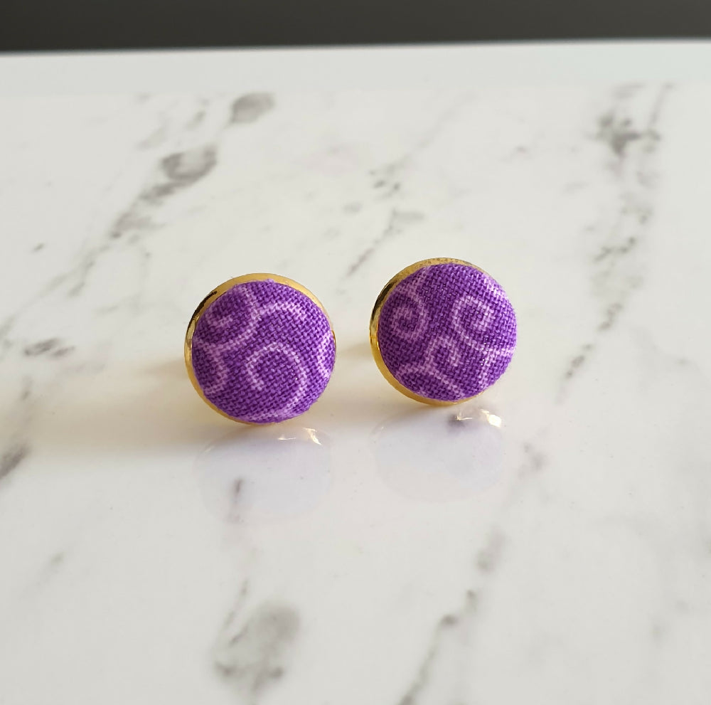 1.4cm Round Purple Plants cotton fabric Cabochon stud earrings