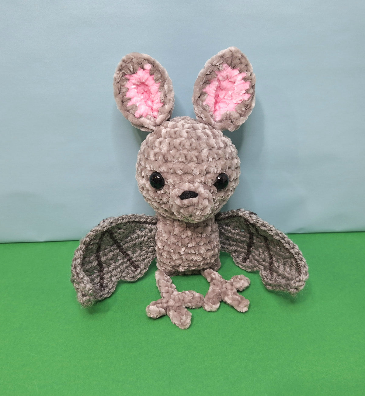 Soft, grey velvet crocheted fruit bat