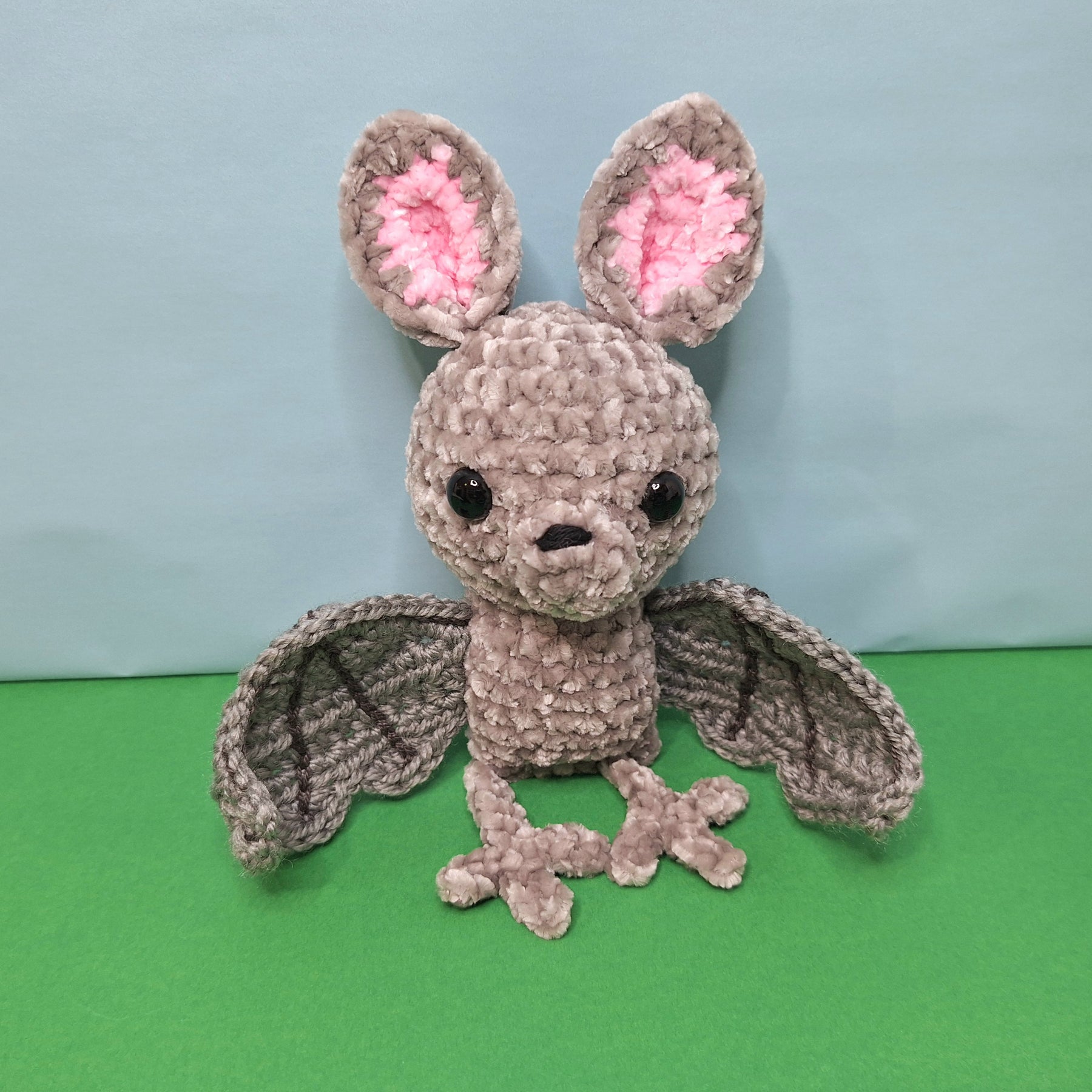 Soft, grey velvet crocheted fruit bat
