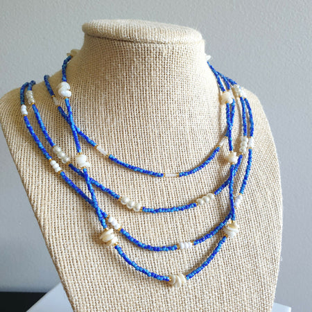 Dainty White Pearl / Shell / Glass & Blue Seed beaded necklace