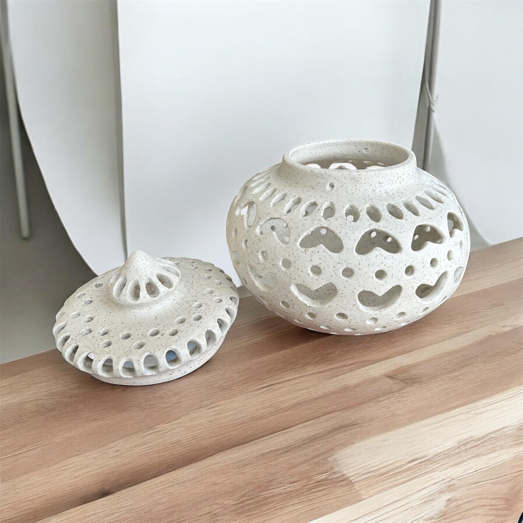 Ceramic lantern, individually carved with removable lid for candle