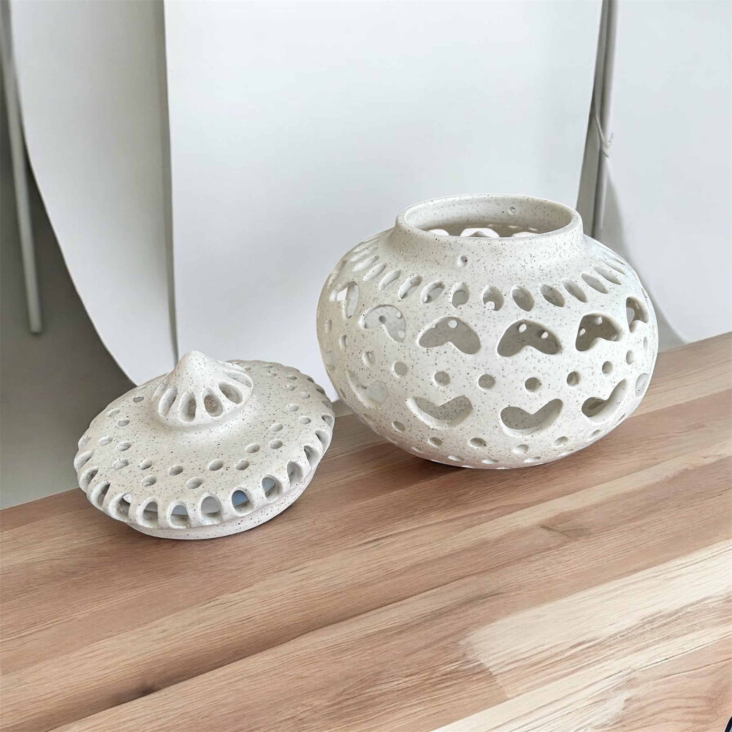 Ceramic lantern, individually carved with removable lid for candle
