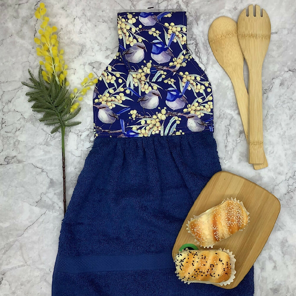 Blue wrens hanging hand towel. - 2 Designs