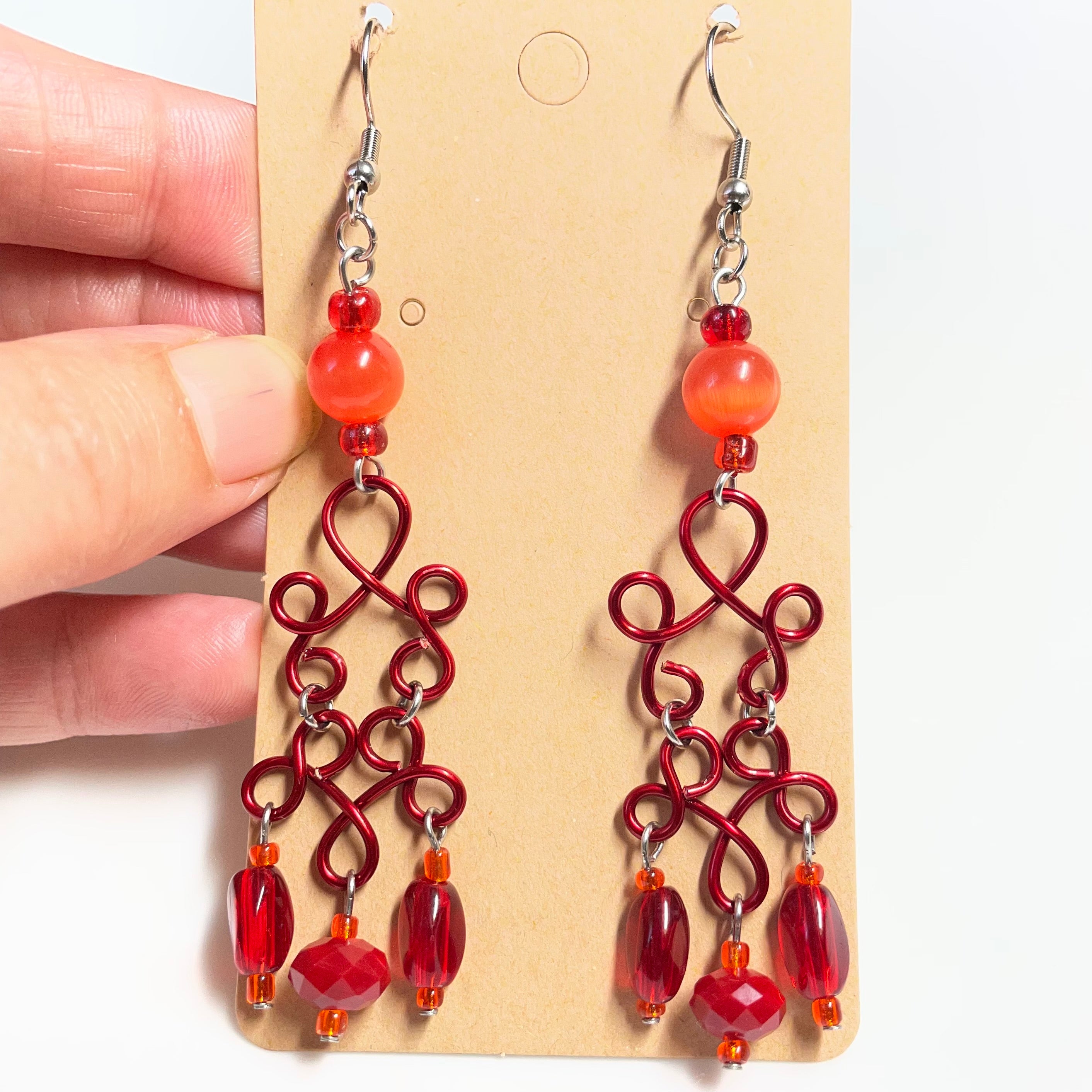 B's Sunset Orange n Red Wired Dangling Earrings
