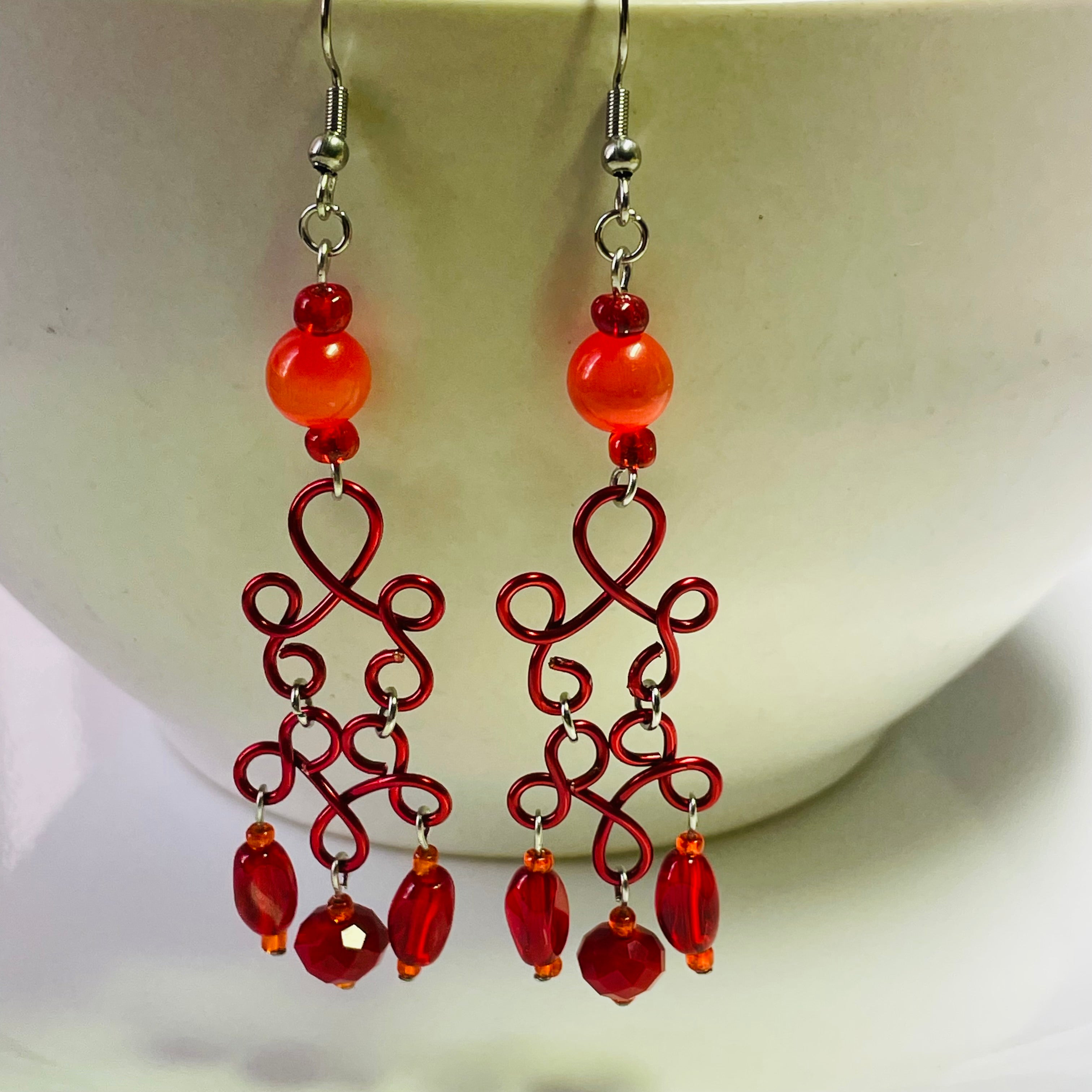 B's Sunset Orange n Red Wired Dangling Earrings