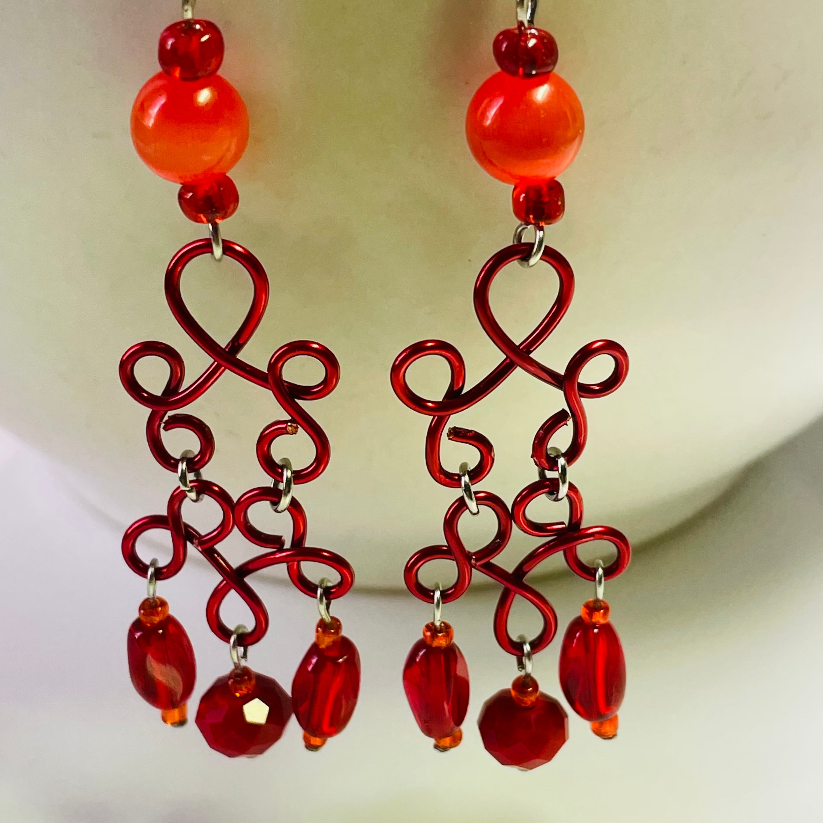 B's Sunset Orange n Red Wired Dangling Earrings