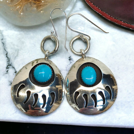 Navajo Turquoise Shadowbox Bear Paw Sterling silver earrings