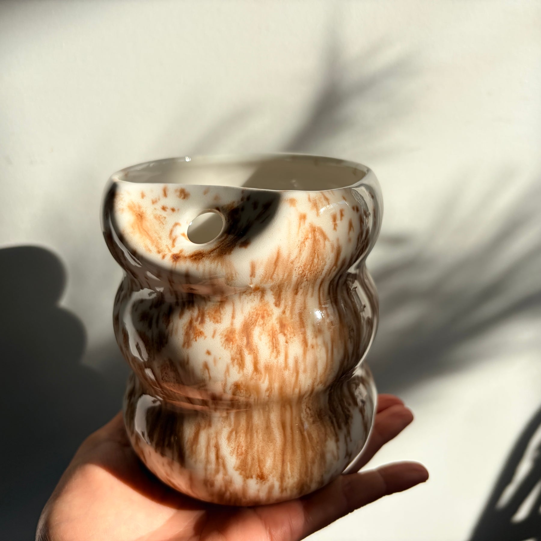 Handcrafted Porcelain Tumbler with Silicon Straw, 600mL Bubble Cup in Latte Glaze