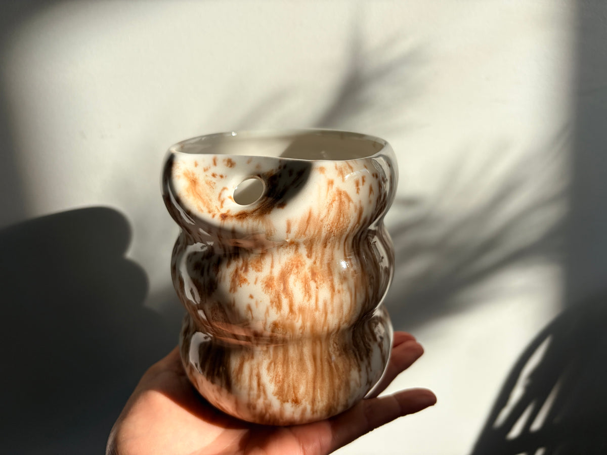 Handcrafted Porcelain Tumbler with Silicon Straw, 600mL Bubble Cup in Latte Glaze