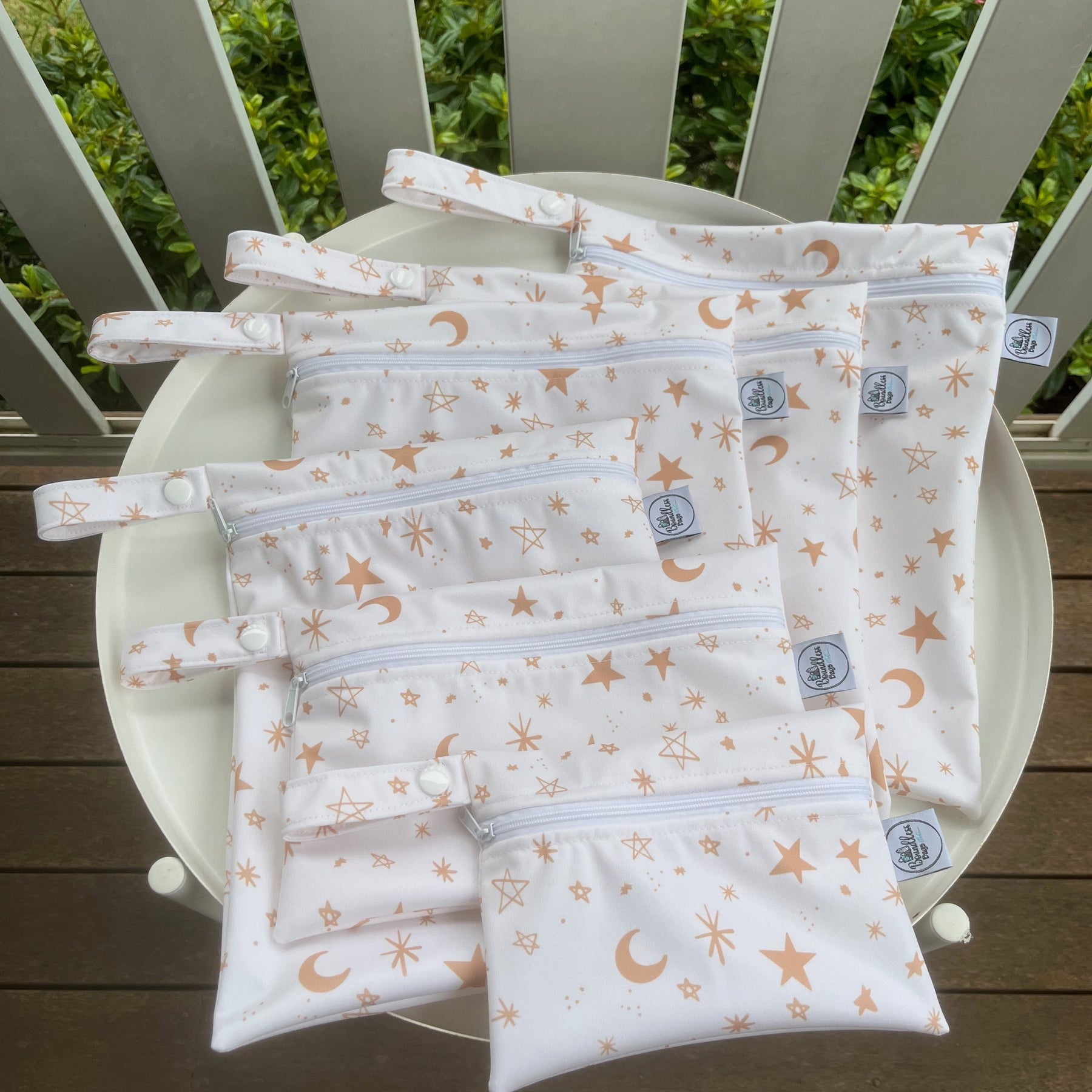 READY MADE Water-resistant wet bags - Stars and Moons Gold and White (JacSlade)