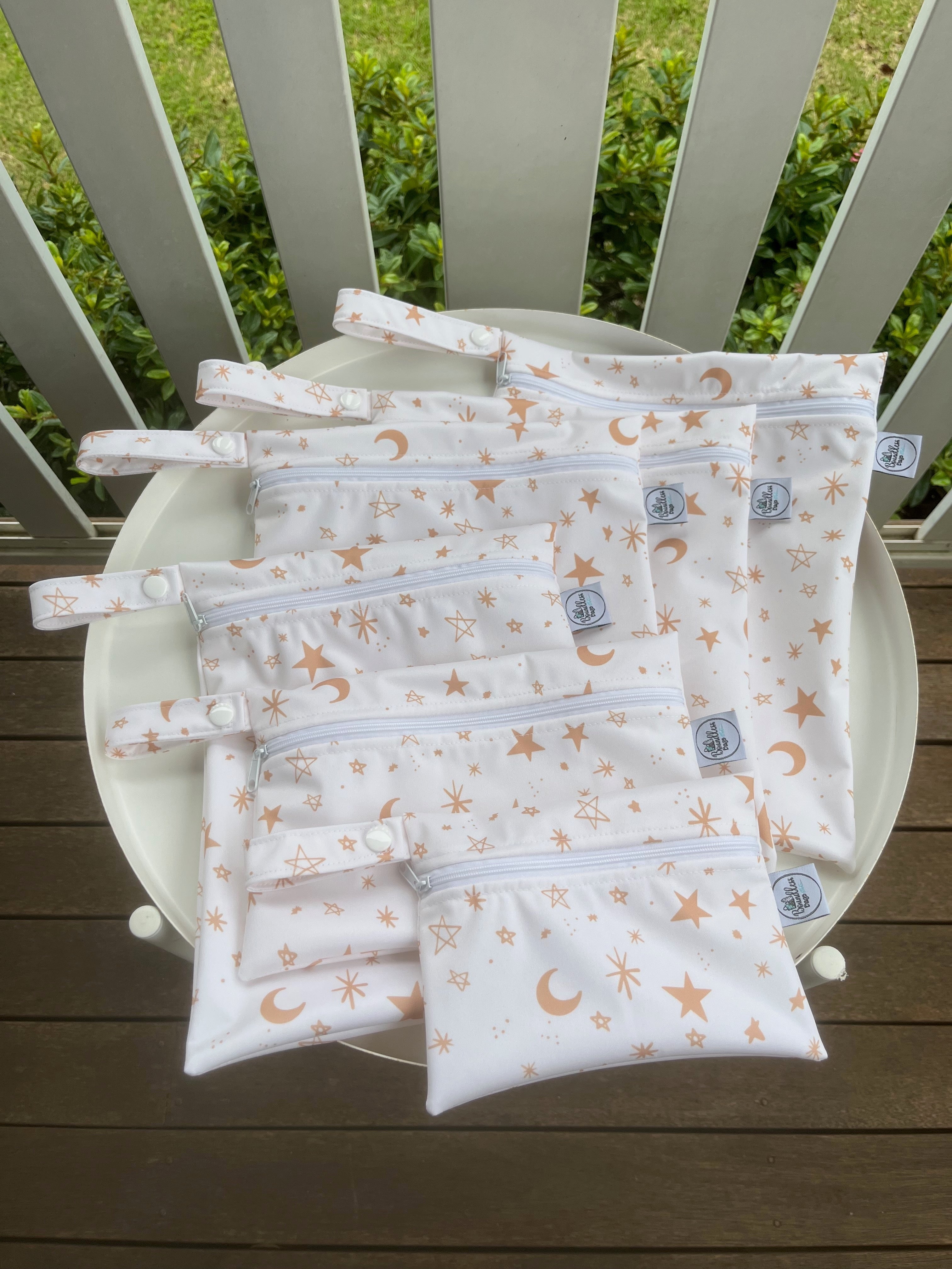 READY MADE Water-resistant wet bags - Stars and Moons Gold and White (JacSlade)