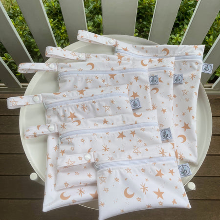 READY MADE Water-resistant wet bags - Christmas Stars and Moons Gold and White (JacSlade)