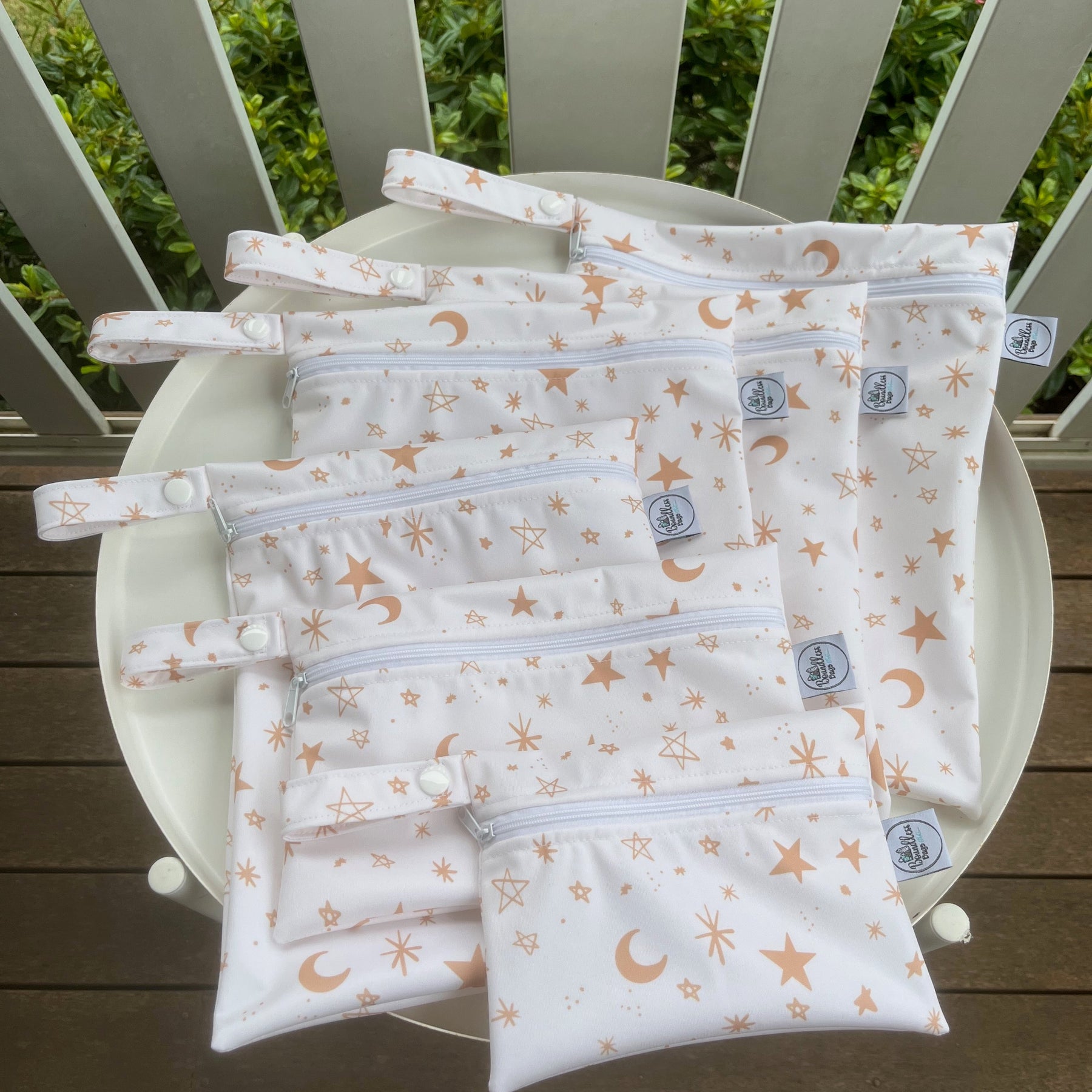READY MADE Water-resistant wet bags - Christmas Stars and Moons Gold and White (JacSlade)  | Ready to ship | FREE Postage