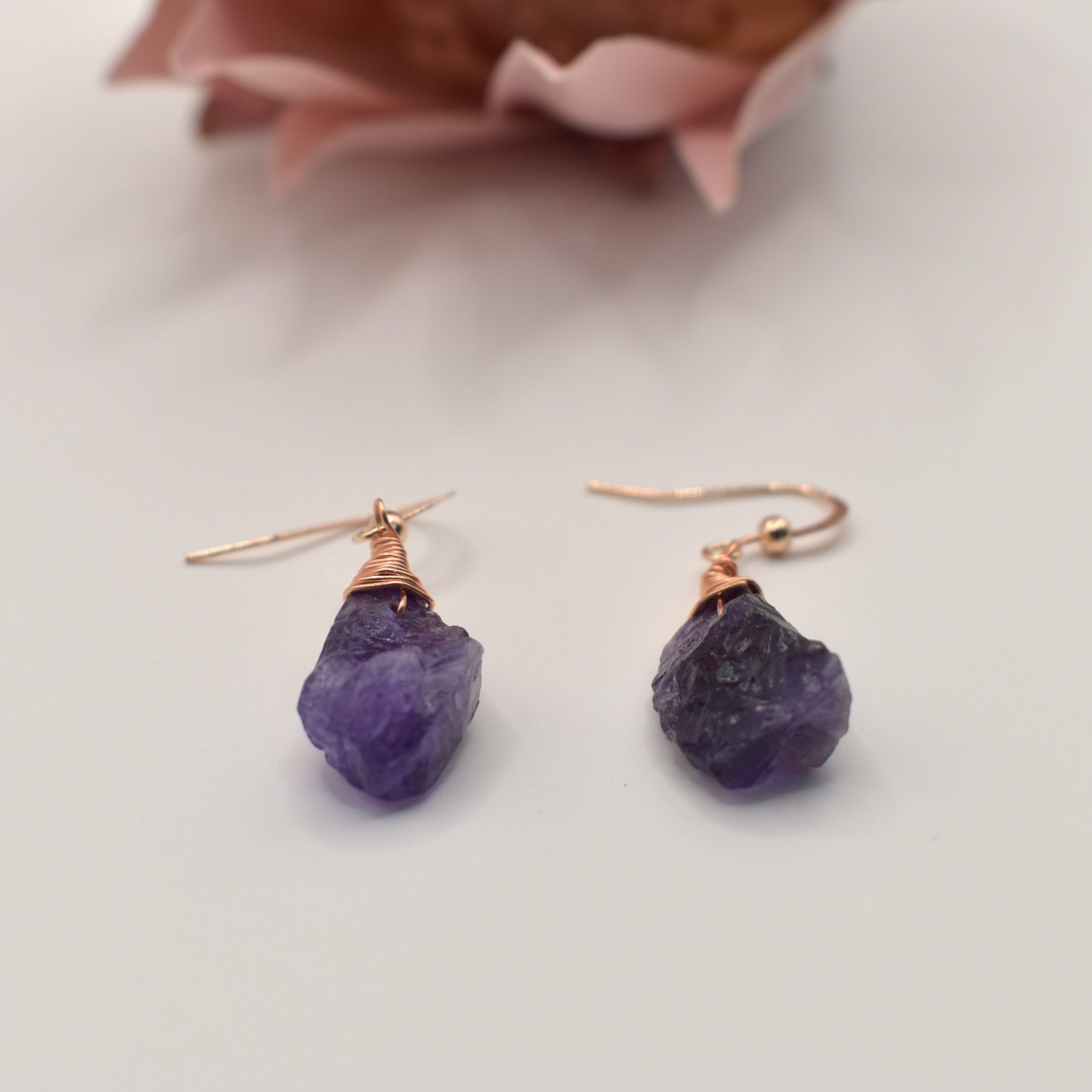 Amara Earrings - Natural Raw Amethyst Wrapped in Copper