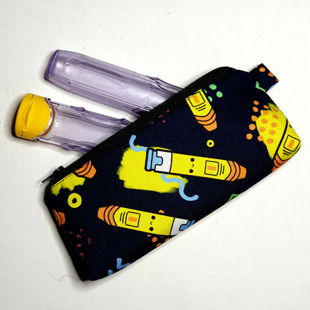 Compact Epipen Pouch, black with yellow epipens, regular scale print