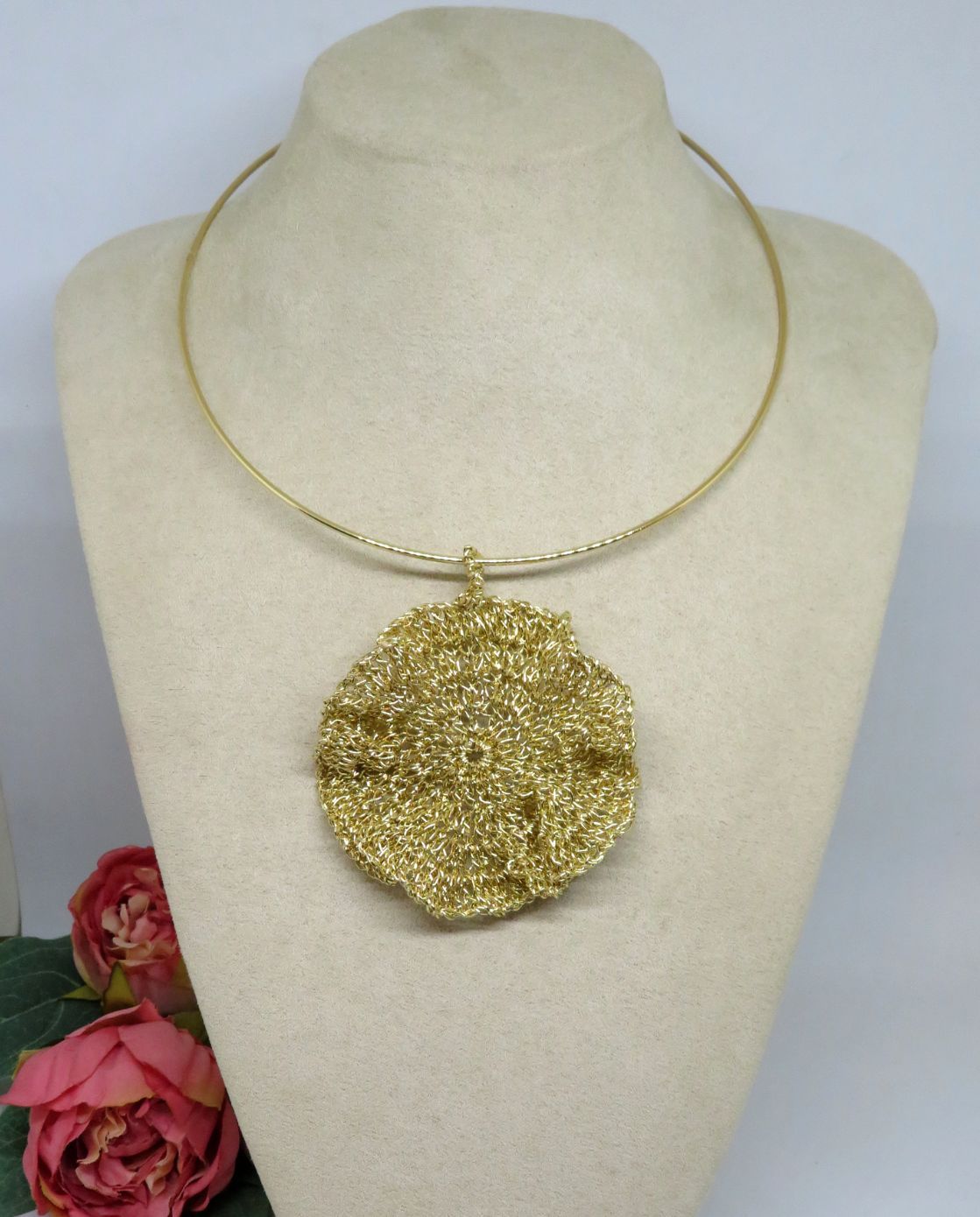 Bespoke Handmade Gold Shimmer Crochet Ripple Pendant Choker Necklace