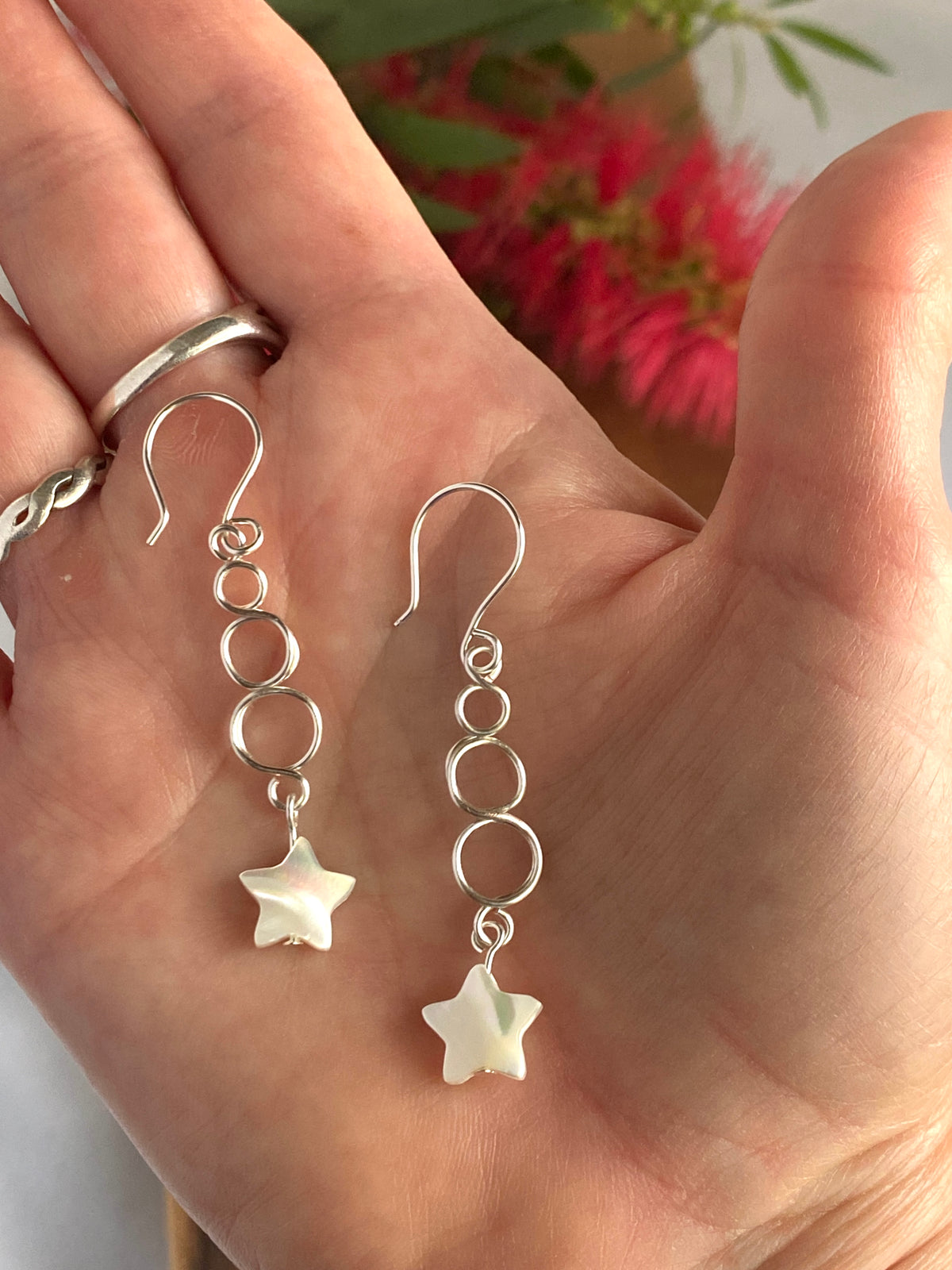 Silver Loop Christmas Star Earrings | Mother of Pearl | Festive Jewellery