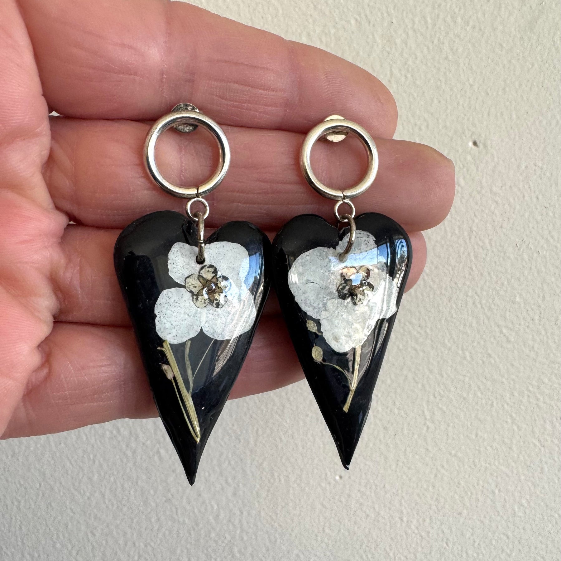 Floral black heart polymer clay earrings