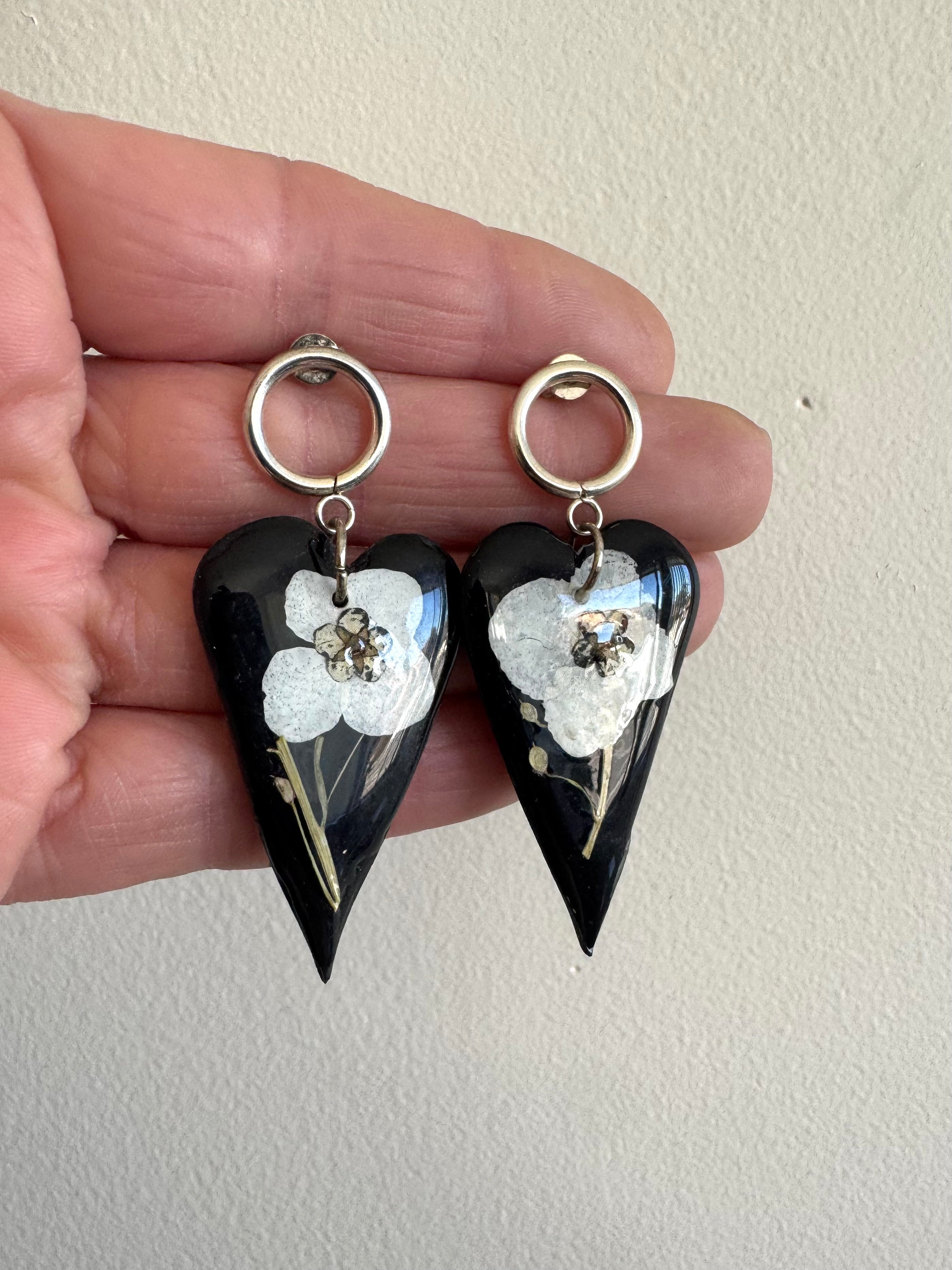 Floral black heart polymer clay earrings
