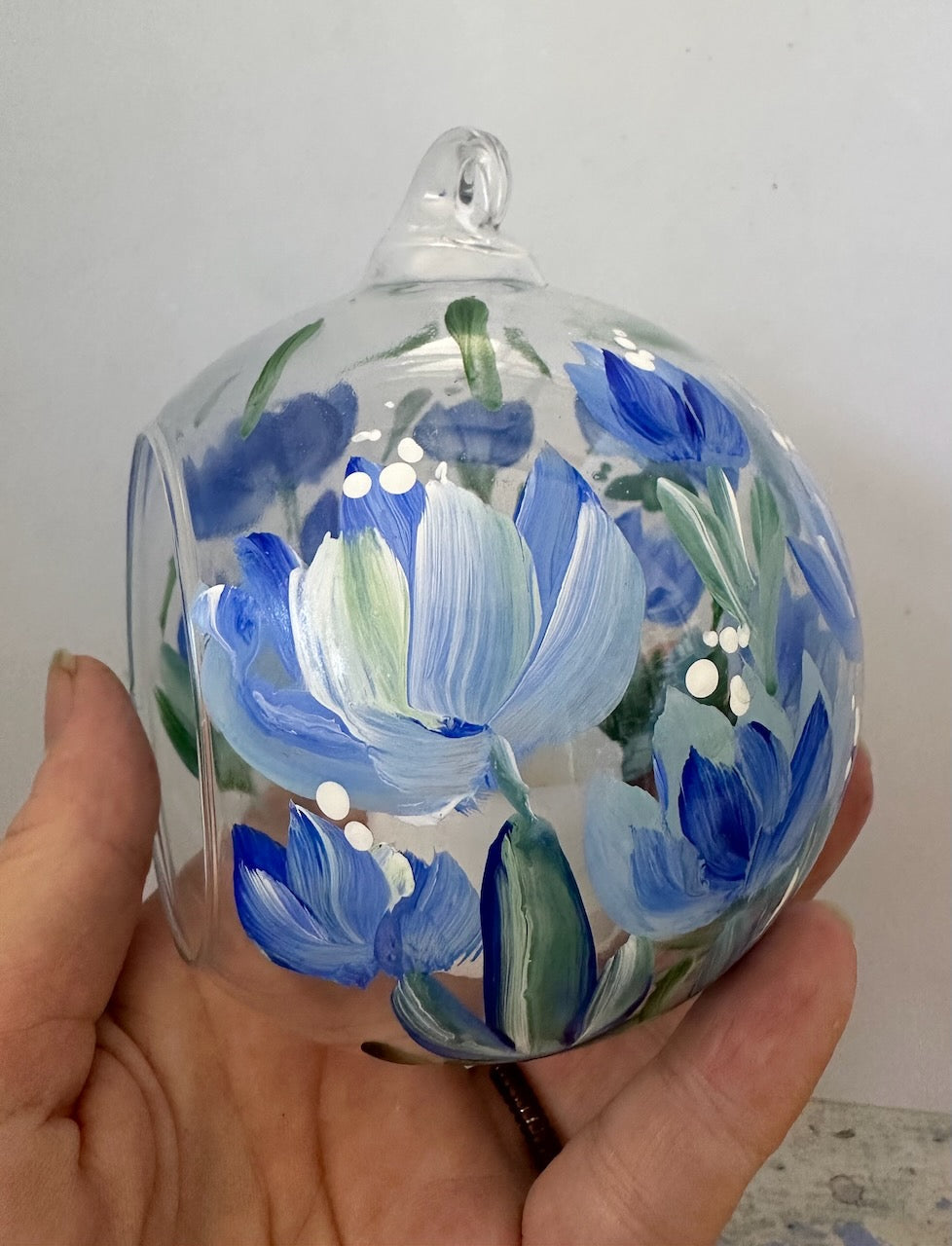 Glass Hanging Candle Holder Hand Painted With Blue Blooms