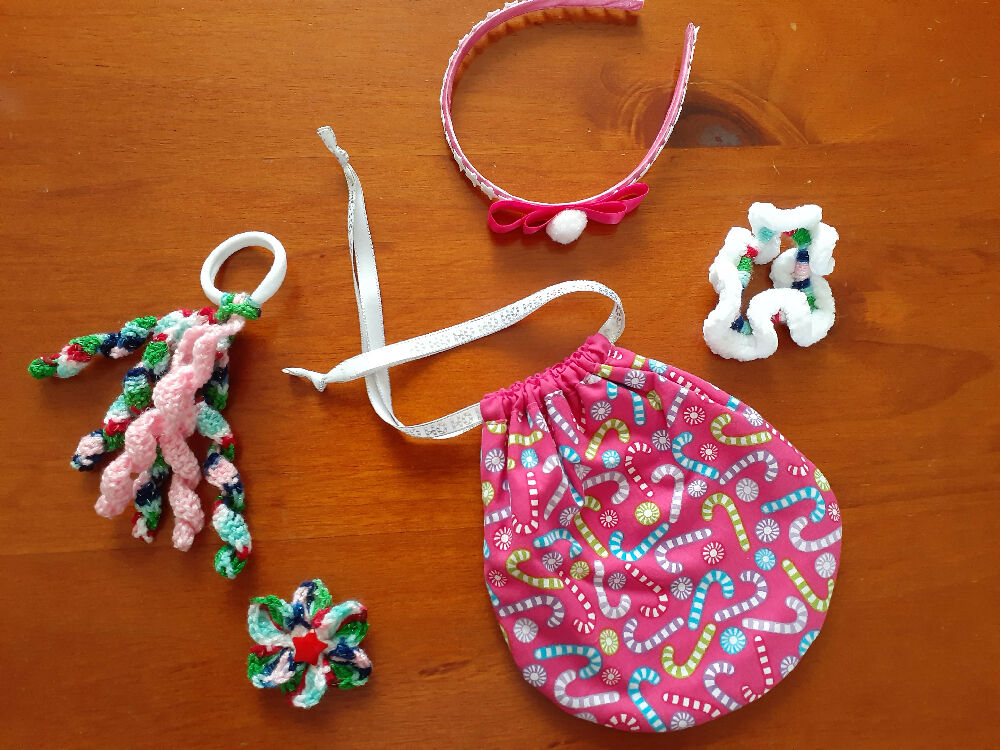 Children's Drawstring Christmas Bags with Hair Accessories