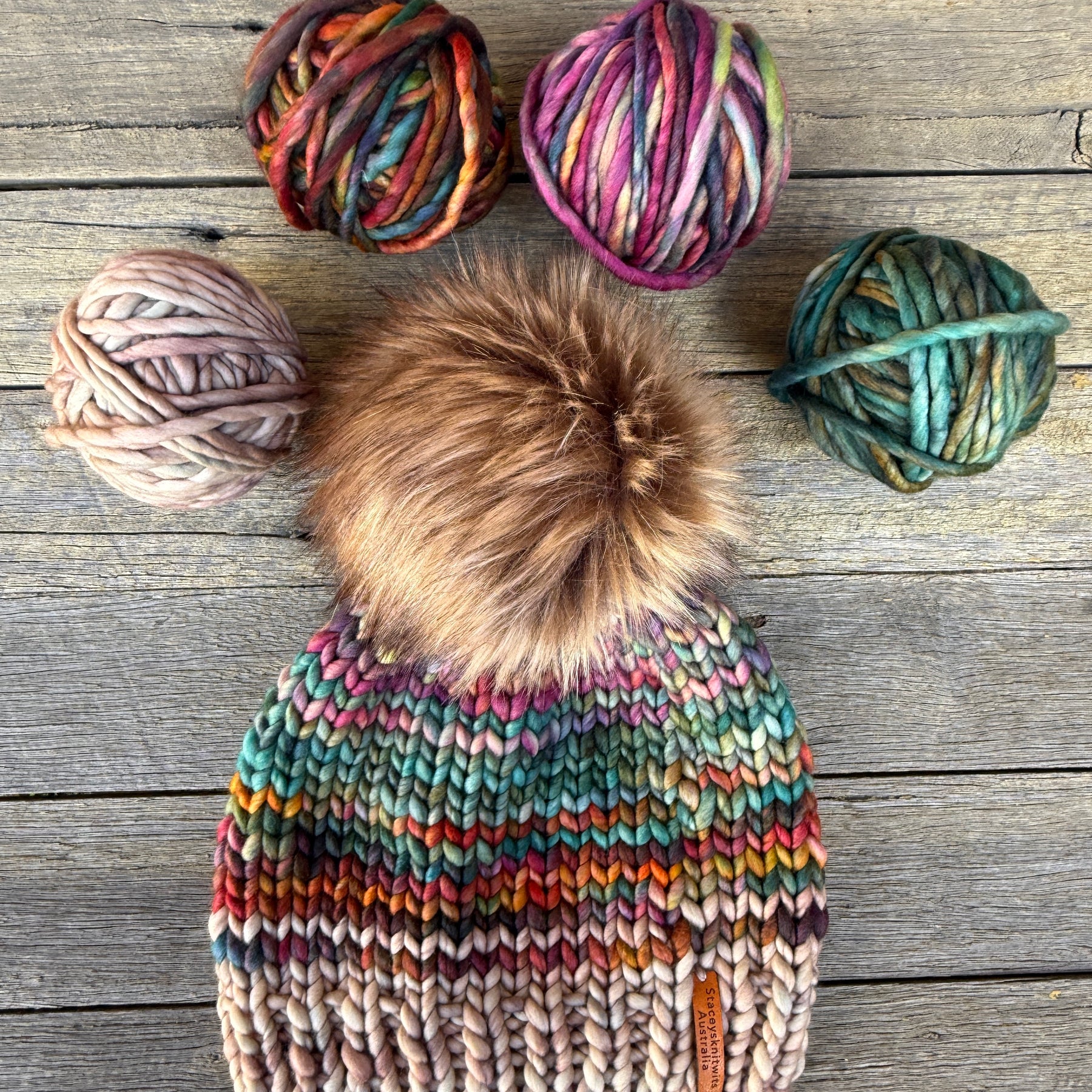 Knitted Merino PomPom Beanie, Colorful Beanie