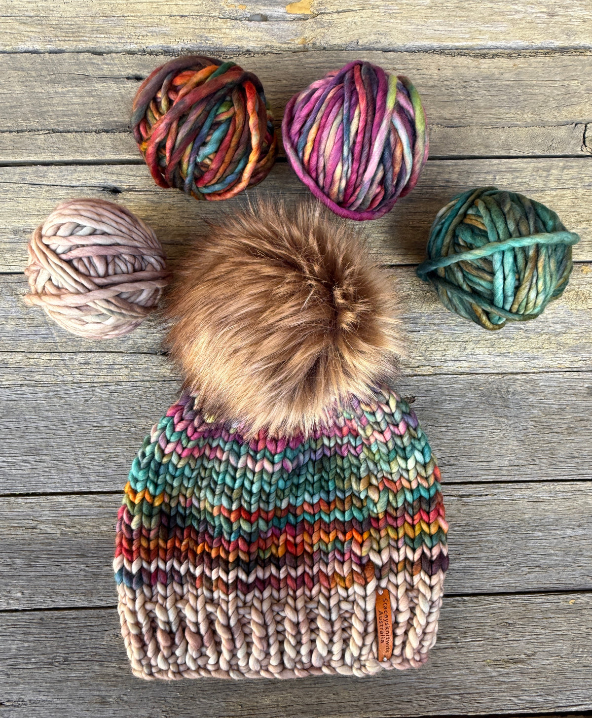 Knitted Merino PomPom Beanie, Colorful Beanie