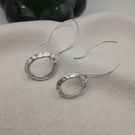 Fine silver earrings hammered oval -handmade ear wire