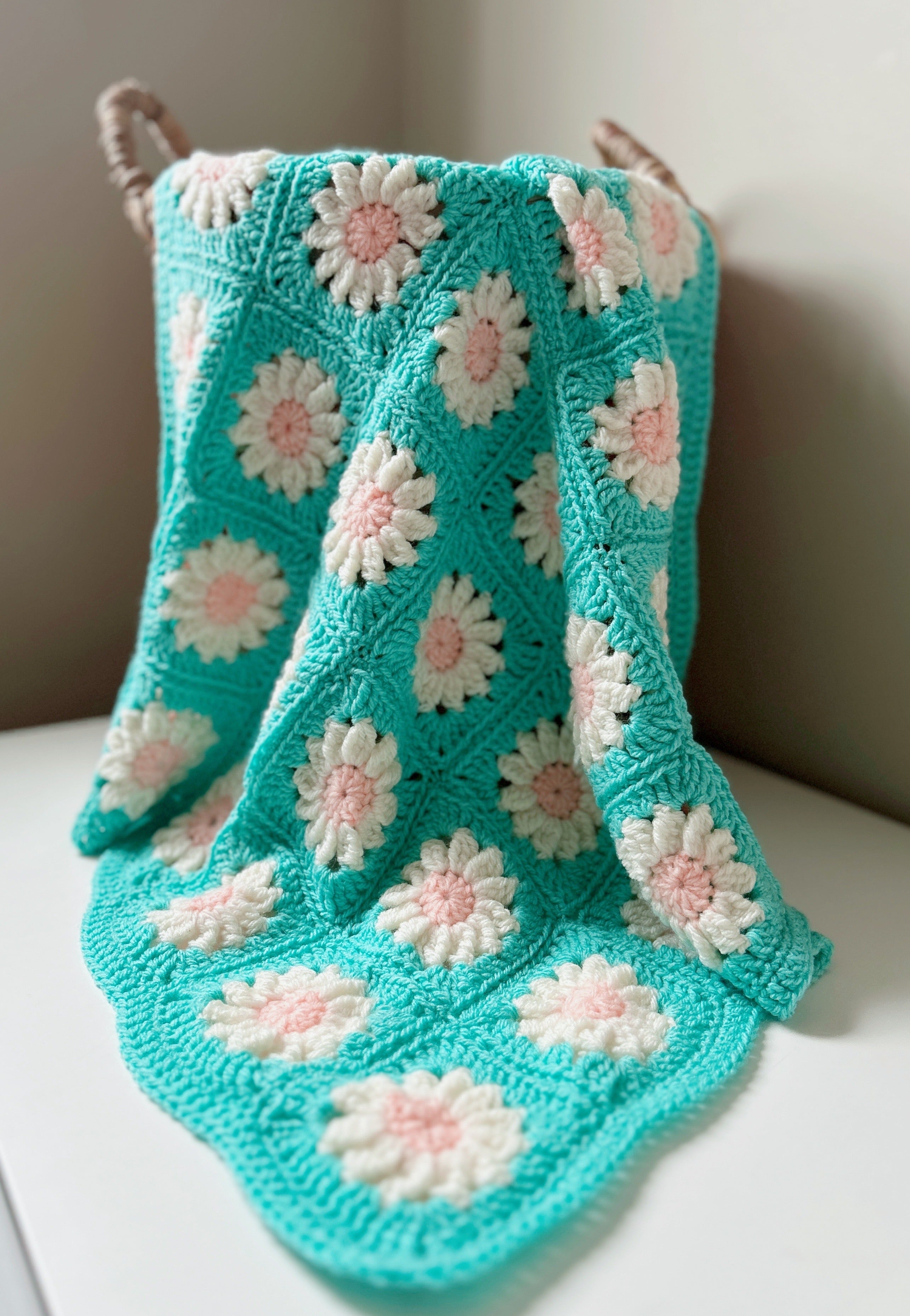 Handmade Crochet Daisy Baby Blanket – Turquoise, Pink & White Floral Granny Square Blanket