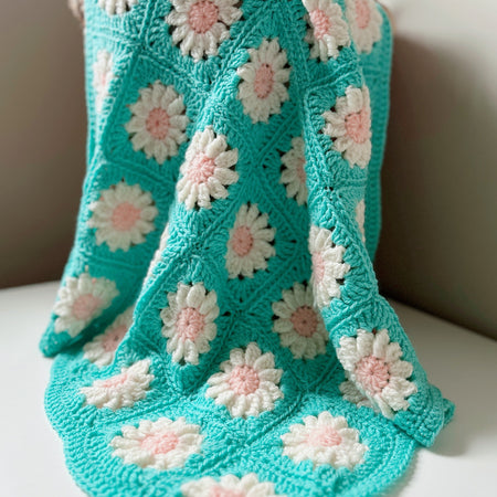 Handmade Crochet Daisy Baby Blanket – Turquoise, Pink & White Floral Granny Square Blanket