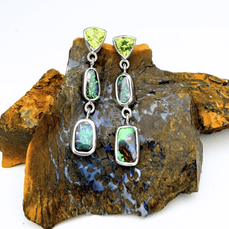 Australian Boulder Opal and Peridot Triple Drop Earrings in 925 Sterling Silver
