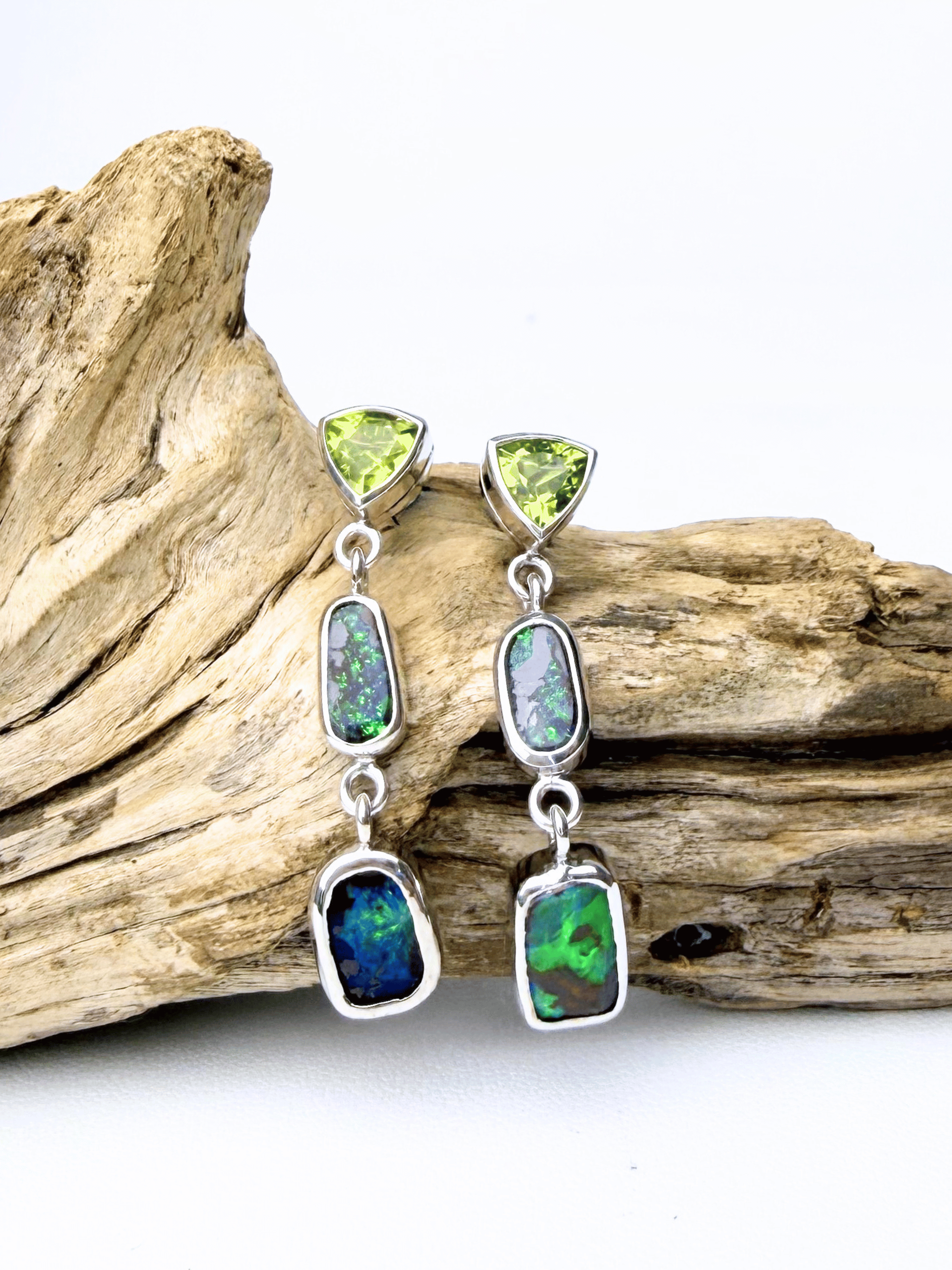 Australian Boulder Opal and Peridot Triple Drop Earrings in 925 Sterling Silver
