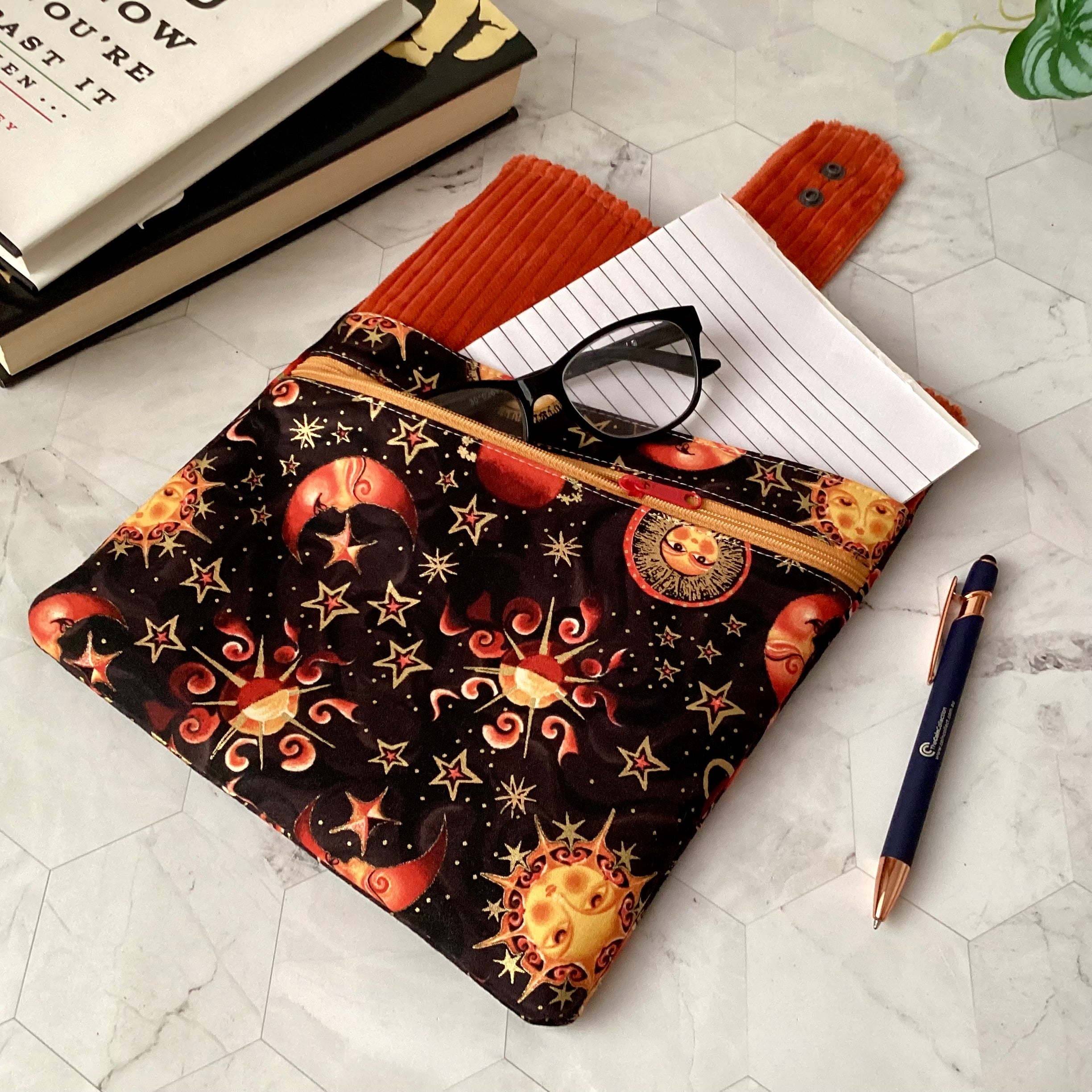 Cosmic Sun and Moon fabric book sleeve with 2 pockets. iPad, tablet pouch