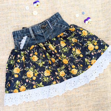 Size 3-4 Upcycled denim skirt Yellow Roses on Navy