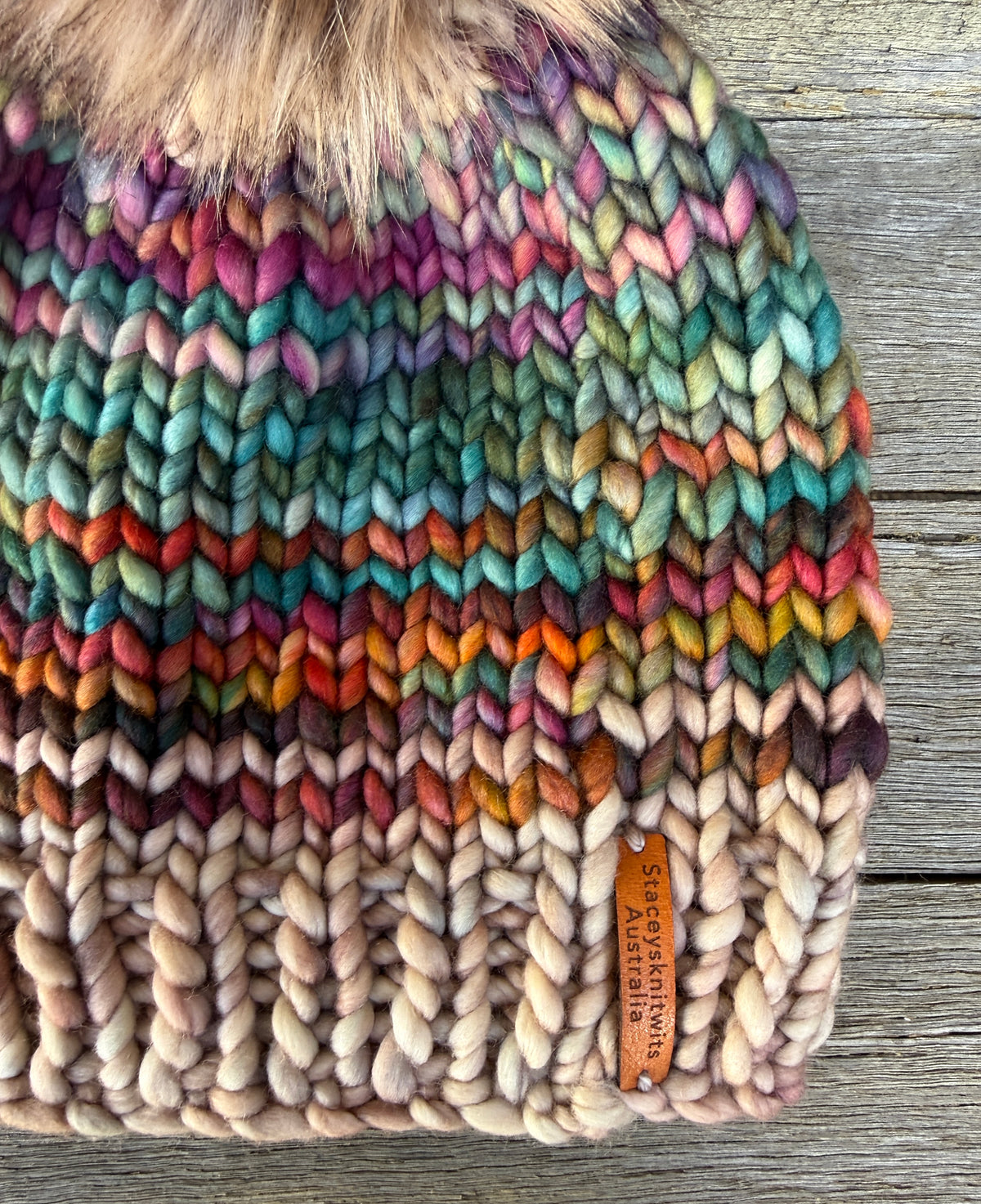 Knitted Merino PomPom Beanie, Colorful Beanie