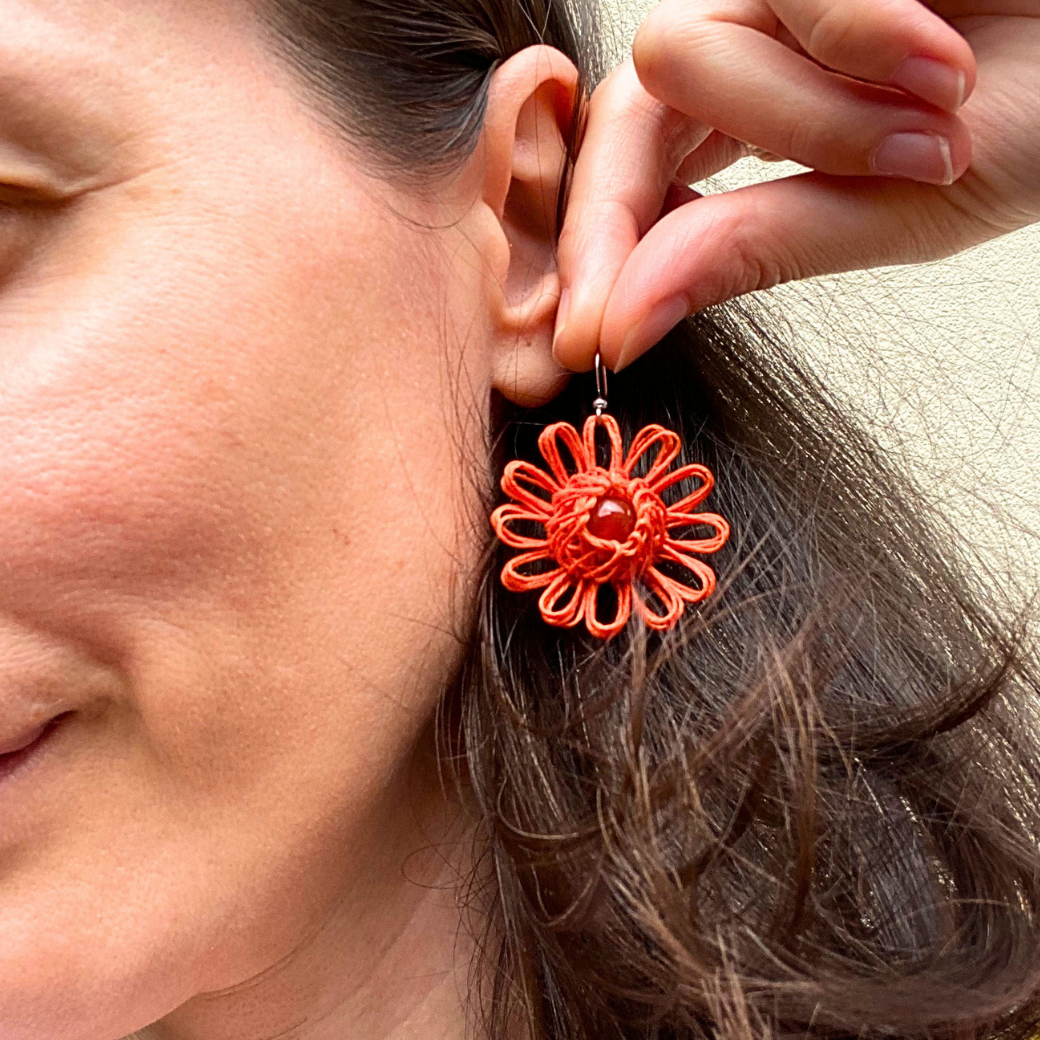 Orange Handmade Flower Earrings - Choose Your Gemstone (Green Aventurine, Carnelian Agate, Hemimorphite)