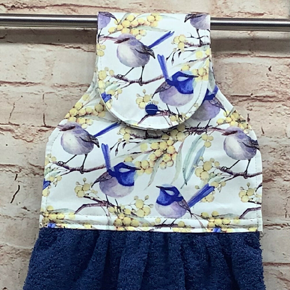 Blue wrens hanging hand towel with fabric and loop top. - 2 Designs