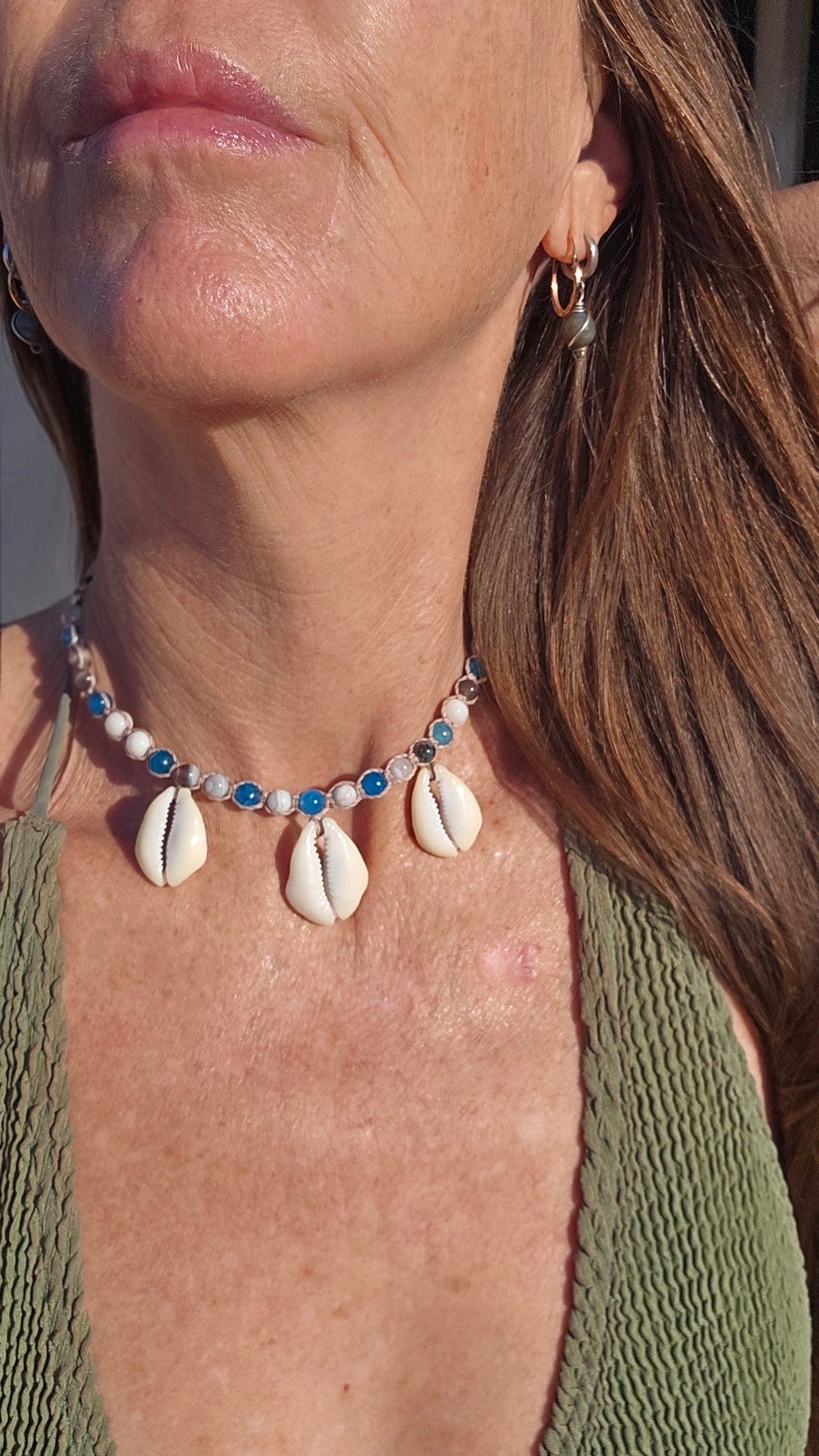 Cowrie Shell Macrame Necklace with Blue Apatite