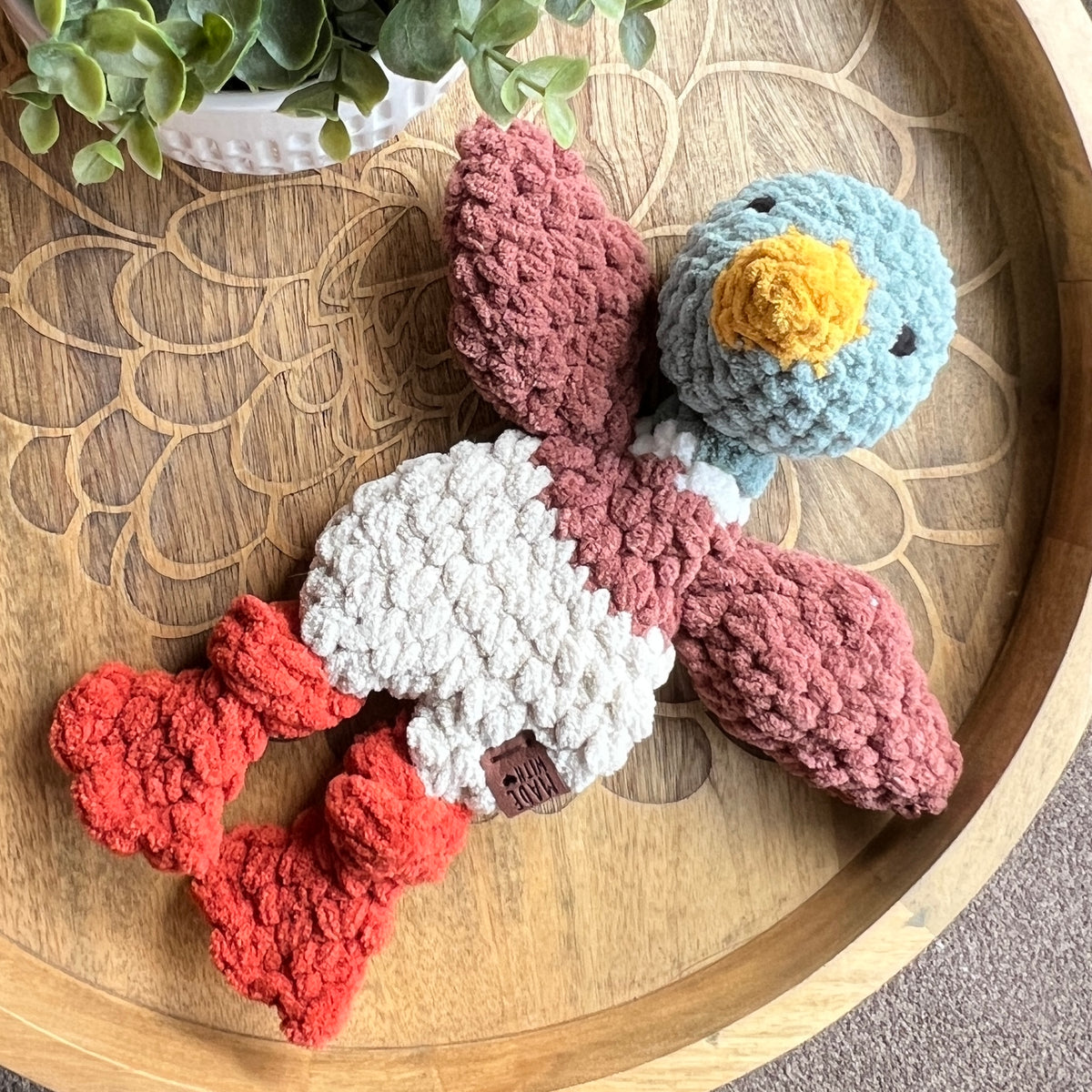 Handmade crochet Mini mallard Duck modern lovey with knotted legs.