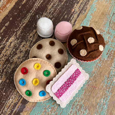 Large felt sweets set with muffin, toddler gift, Lamington, heart jam drop, iced vovo