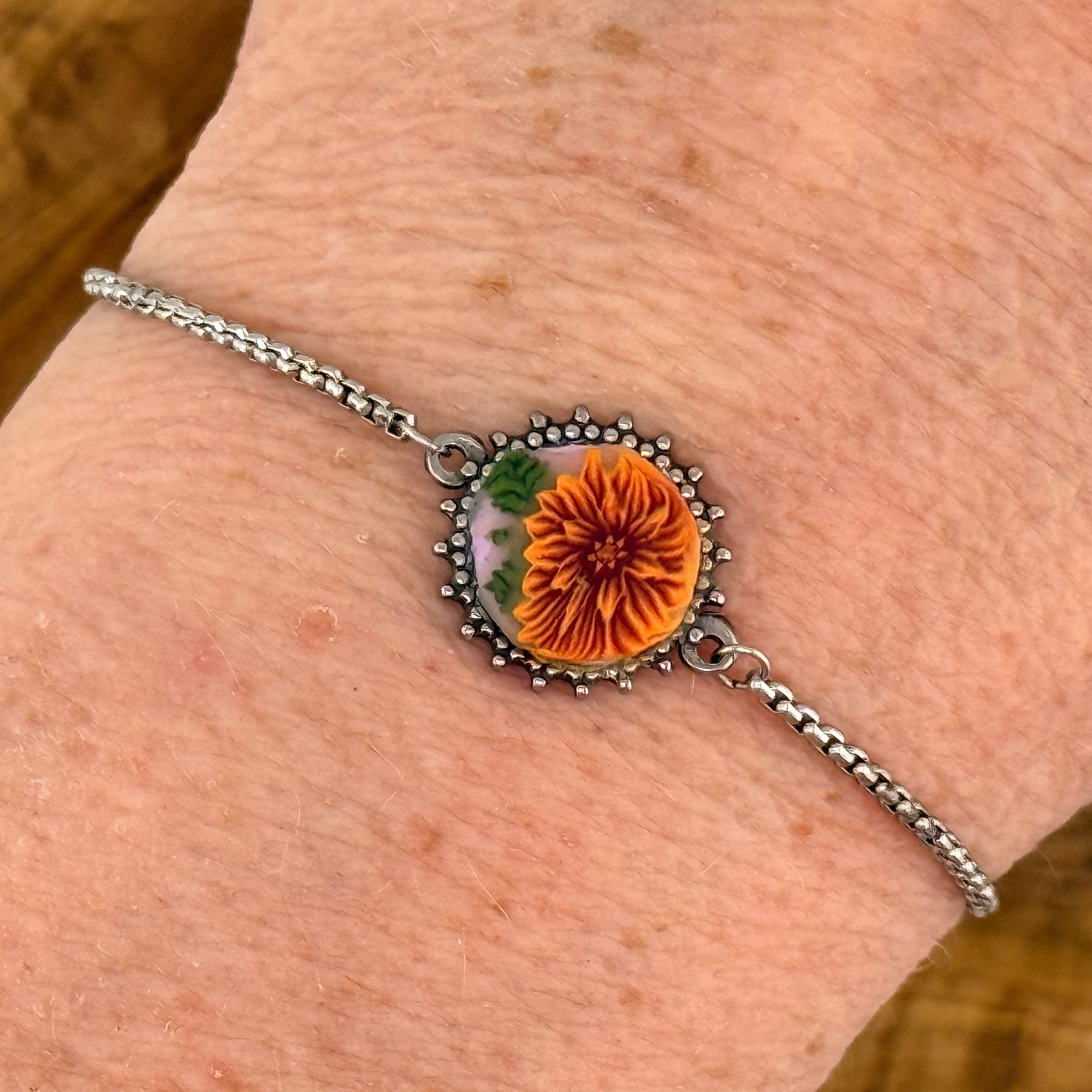 Brown Flower & Leaf Stainless Steel Adjustable Slider Bracelet