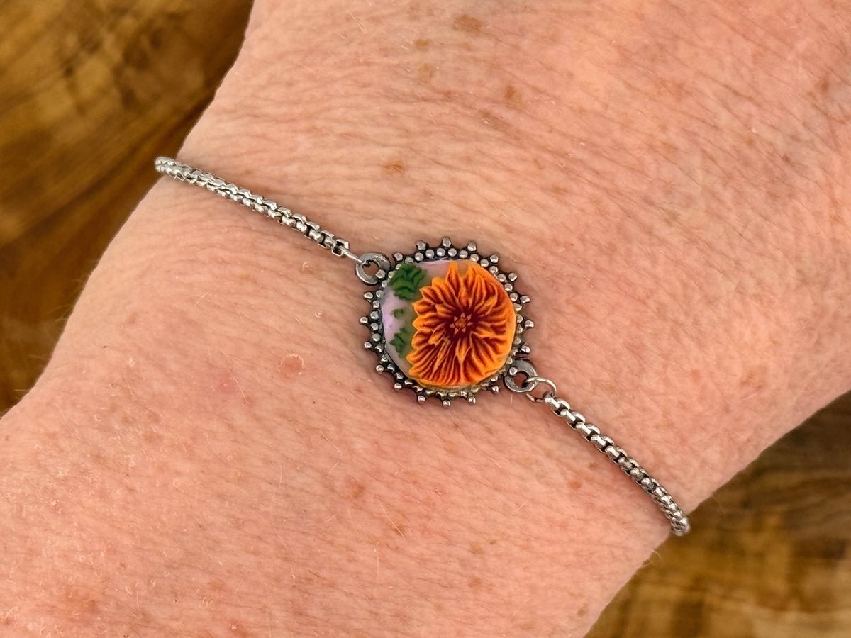Brown Flower & Leaf Stainless Steel Adjustable Slider Bracelet