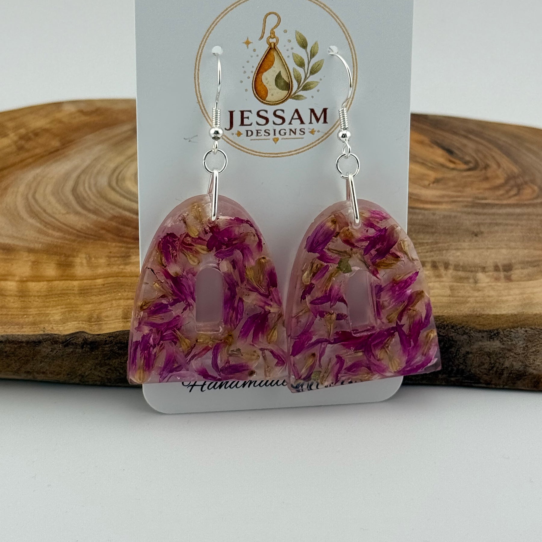 Springtime - Dried Purple Flower Resin Drop Earrings with Pearl Shimmer Back
